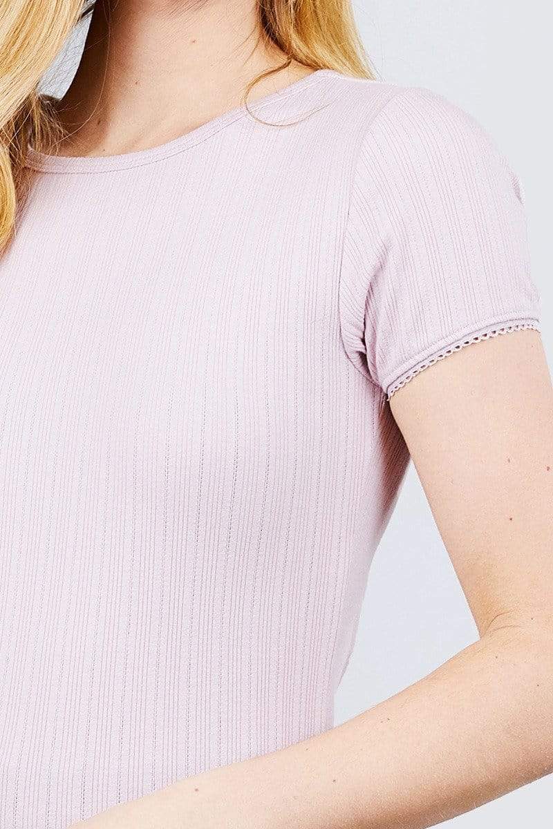 Short Sleeve W/lace Trim Detail Crew Neck Pointelle Knit Top-TOPS / DRESSES-[Adult]-[Female]-Blue Zone Planet