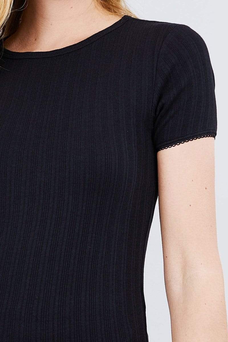 Short Sleeve W/lace Trim Detail Crew Neck Pointelle Knit Top-TOPS / DRESSES-[Adult]-[Female]-Blue Zone Planet