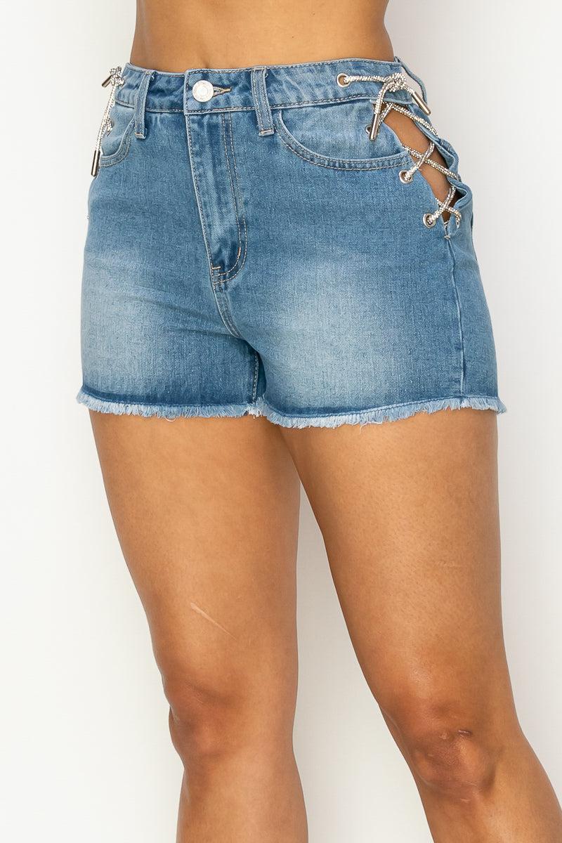 Side Lace-up Detailed Denim Shorts Blue Zone Planet