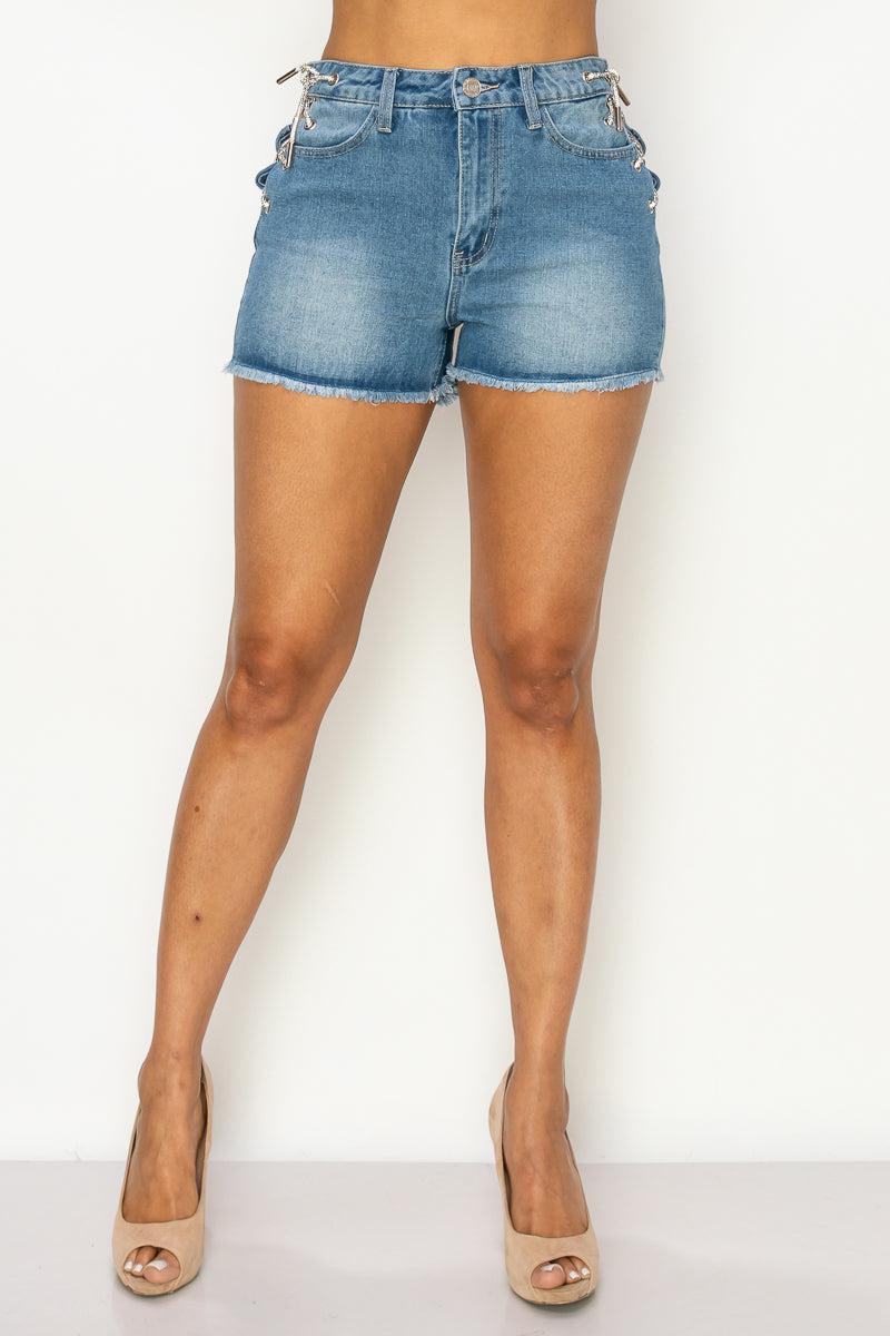 Side Lace-up Detailed Denim Shorts Blue Zone Planet
