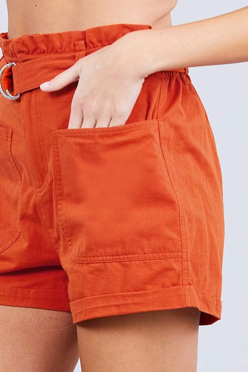 Side Pocket Rolled Up Paper Bag Cotton Short Pants-BOTTOMS SML-[Adult]-[Female]-Blue Zone Planet