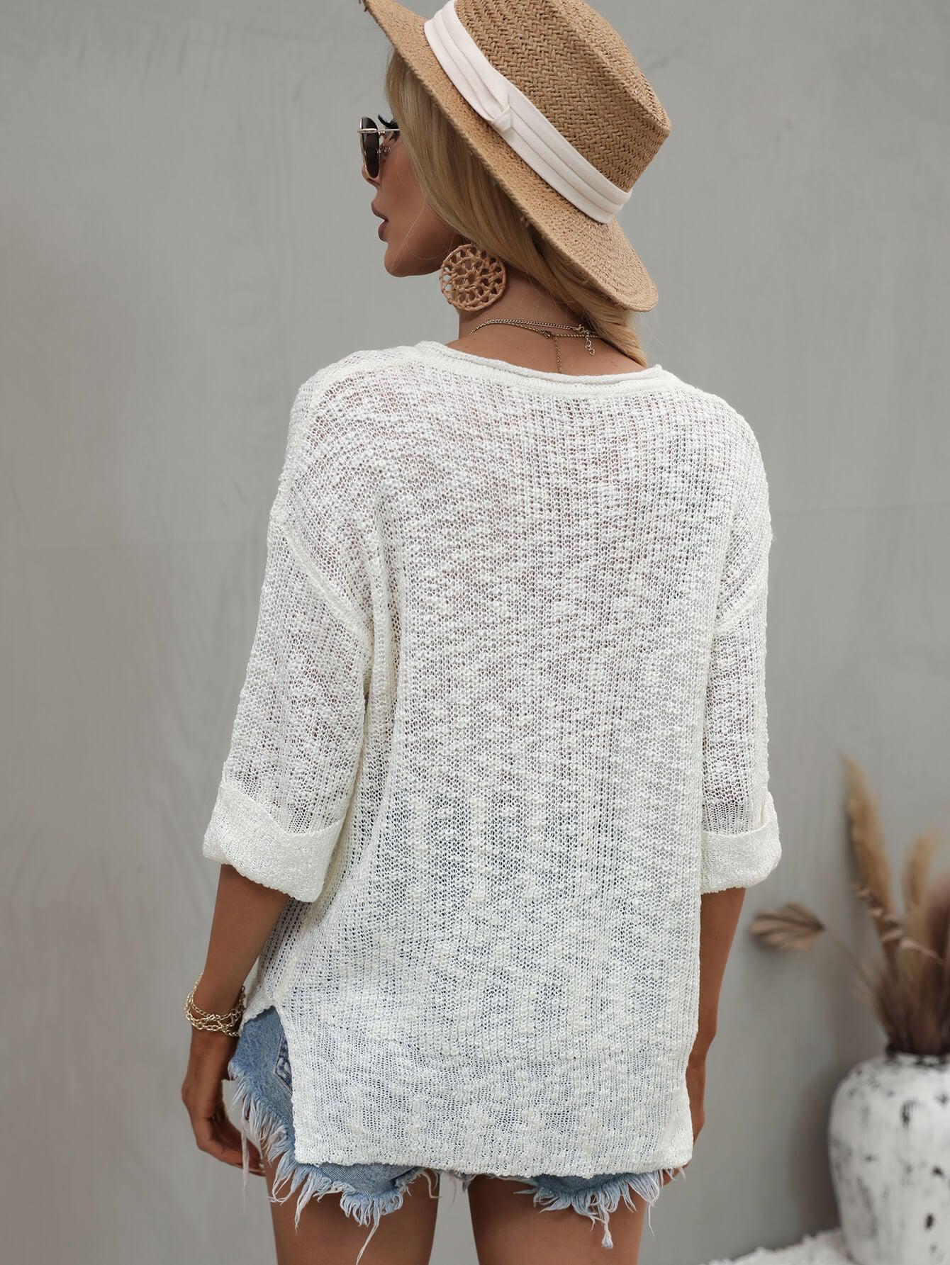 Side Slit Dropped Shoulder Notched Sweater-TOPS / DRESSES-[Adult]-[Female]-Blue Zone Planet