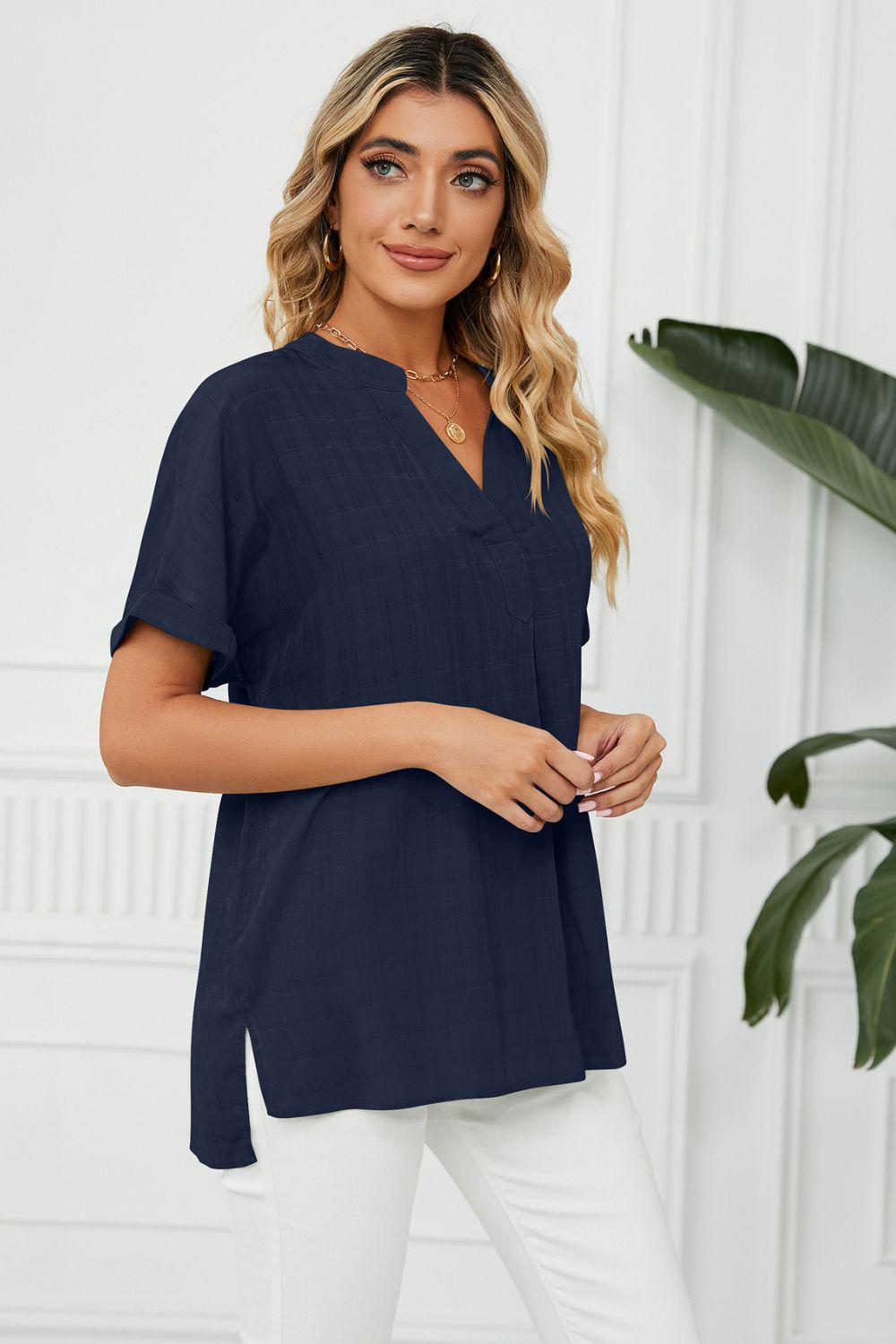 Side Slit Notched Neck Cuffed Short Sleeve Blouse BLUE ZONE PLANET