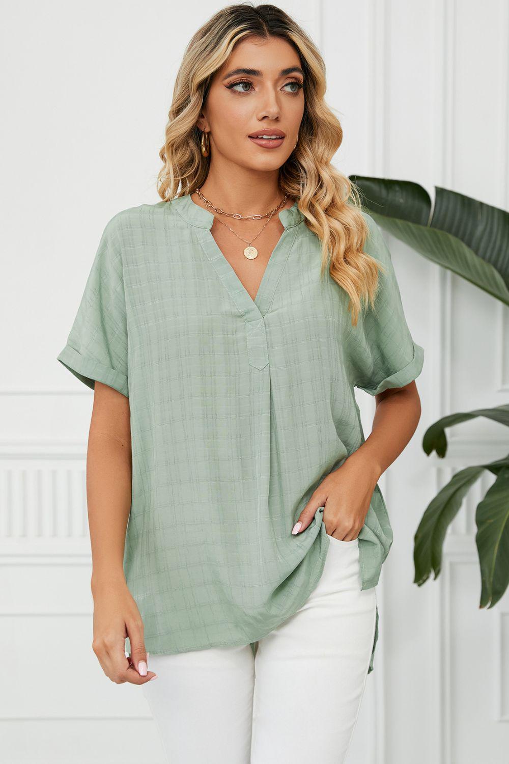 Side Slit Notched Neck Cuffed Short Sleeve Blouse BLUE ZONE PLANET