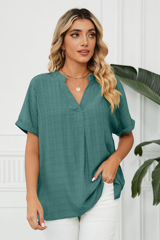 Side Slit Notched Neck Cuffed Short Sleeve Blouse BLUE ZONE PLANET