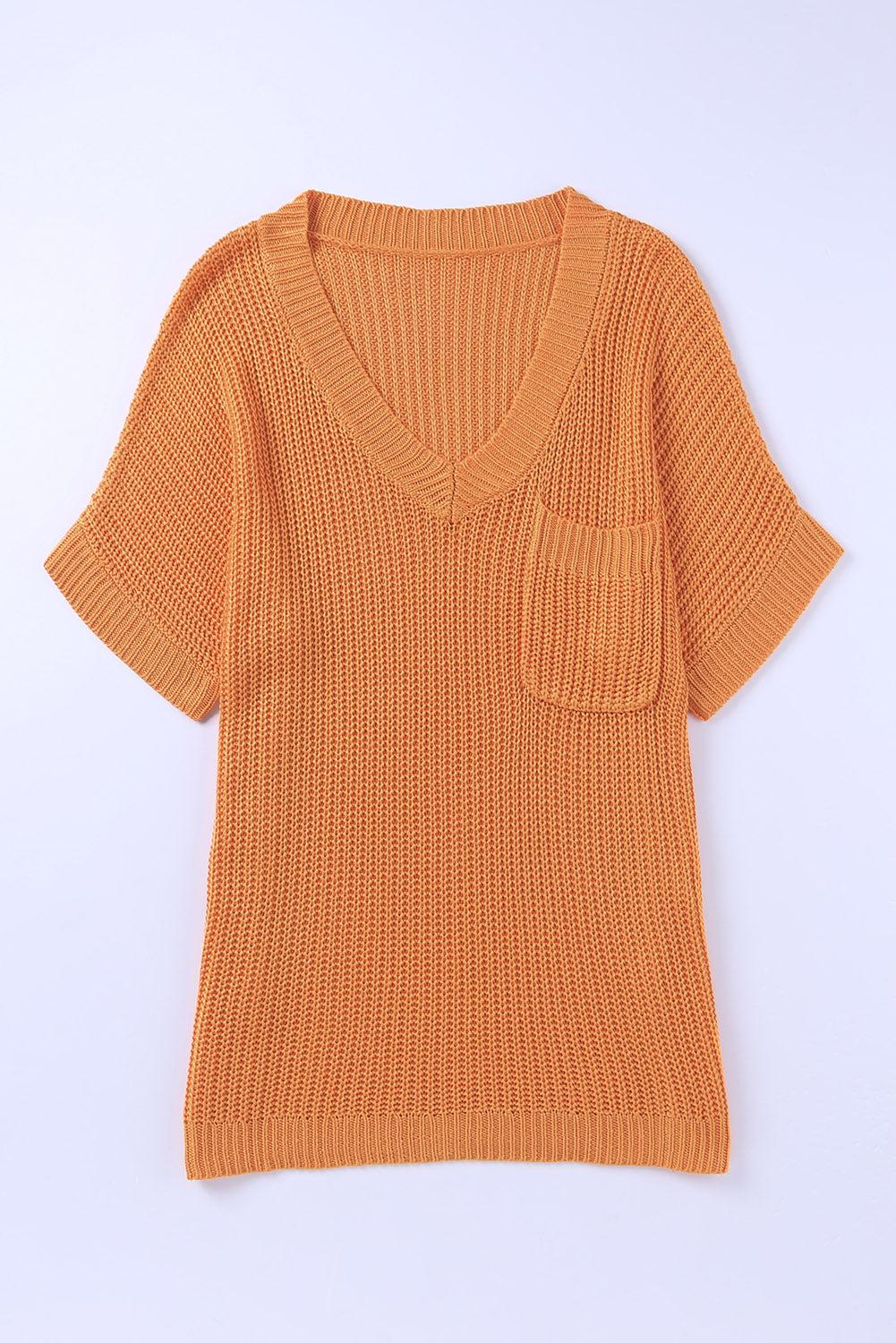Side Slit V-Neck Short Sleeve Sweater-TOPS / DRESSES-[Adult]-[Female]-2022 Online Blue Zone Planet