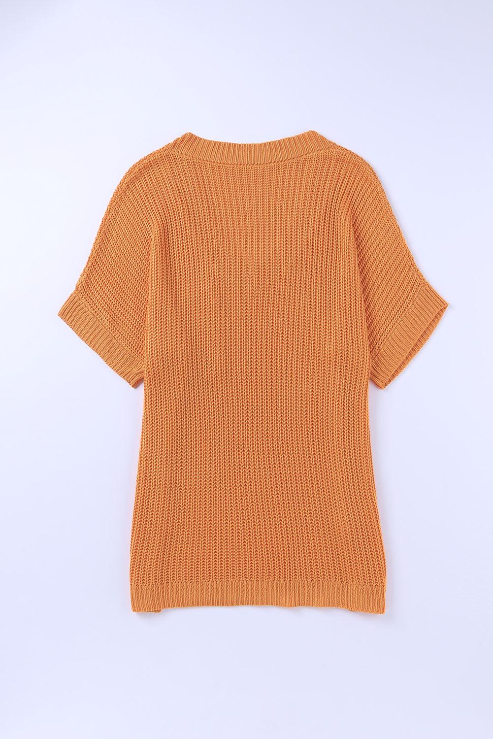 Side Slit V-Neck Short Sleeve Sweater-TOPS / DRESSES-[Adult]-[Female]-2022 Online Blue Zone Planet