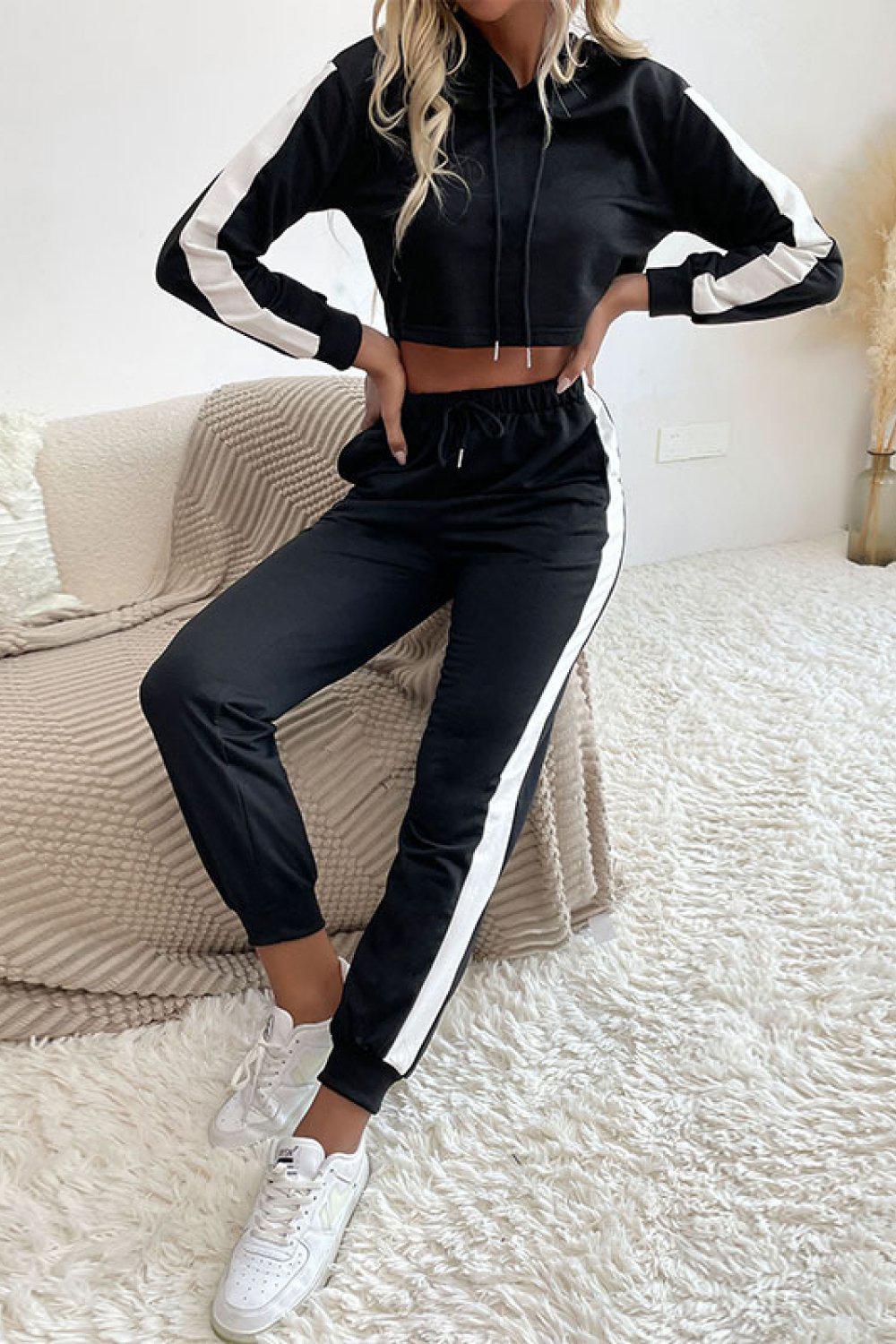 Side Stripe Cropped Hoodie and Jogger Set-TOPS / DRESSES-[Adult]-[Female]-Blue Zone Planet