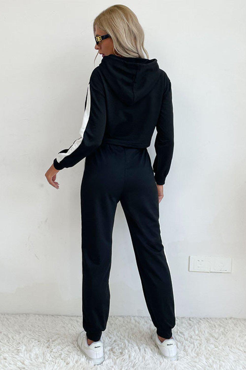 Side Stripe Cropped Hoodie and Jogger Set BLUE ZONE PLANET