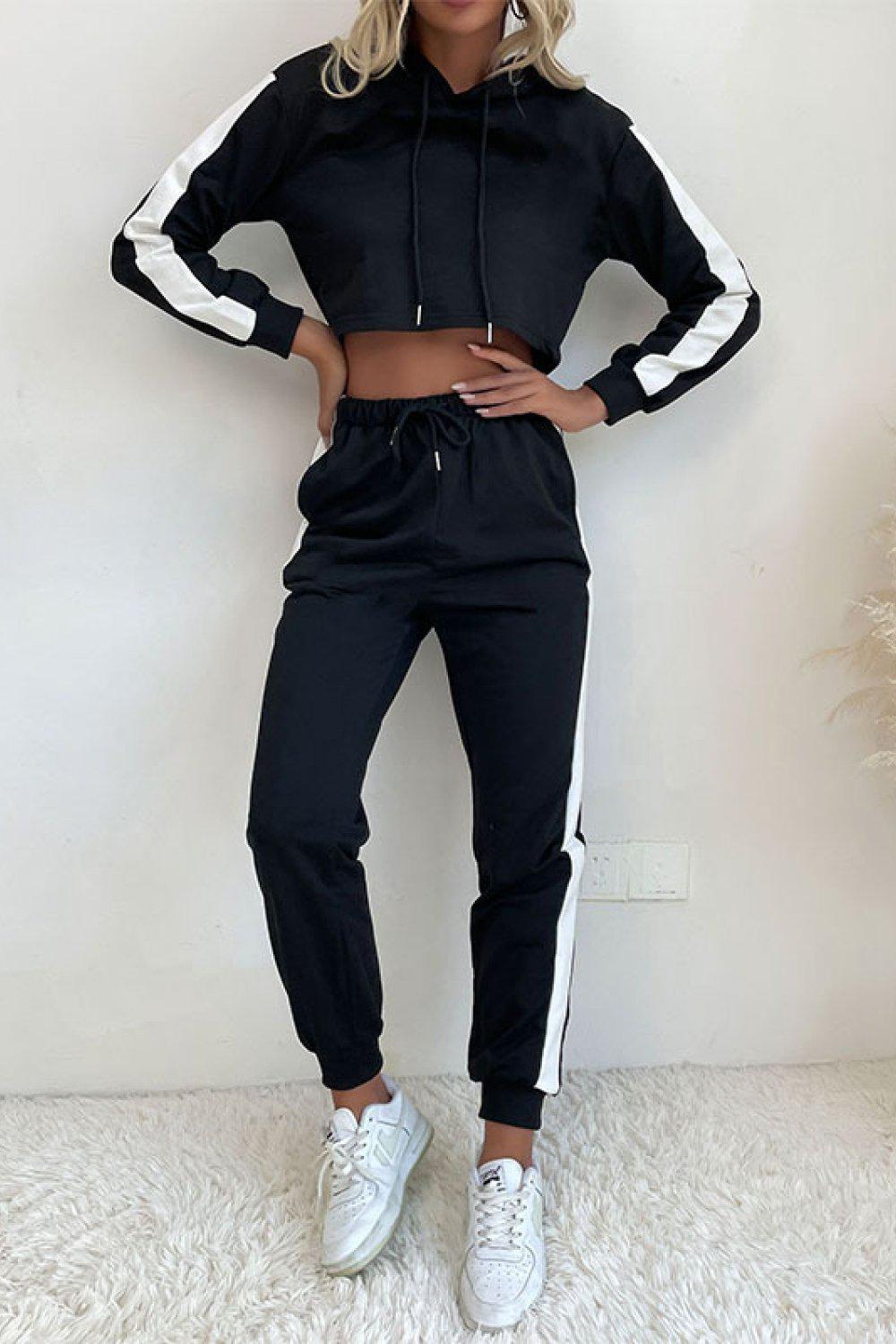 Side Stripe Cropped Hoodie and Jogger Set-TOPS / DRESSES-[Adult]-[Female]-Black-S-Blue Zone Planet