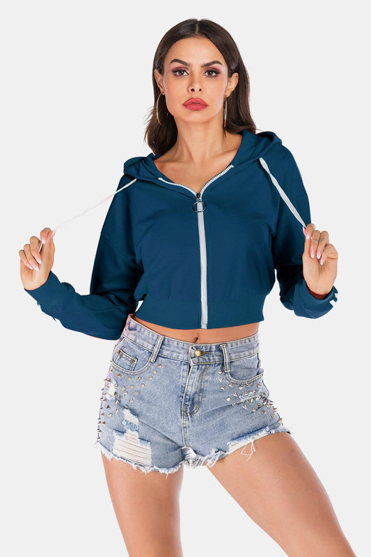 Side Stripe Drawstring Cropped Hooded Jacket BLUE ZONE PLANET