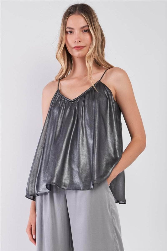Silver Black Soft V-neck Sleeveless Gathered Loose Fit Top Blue Zone Planet