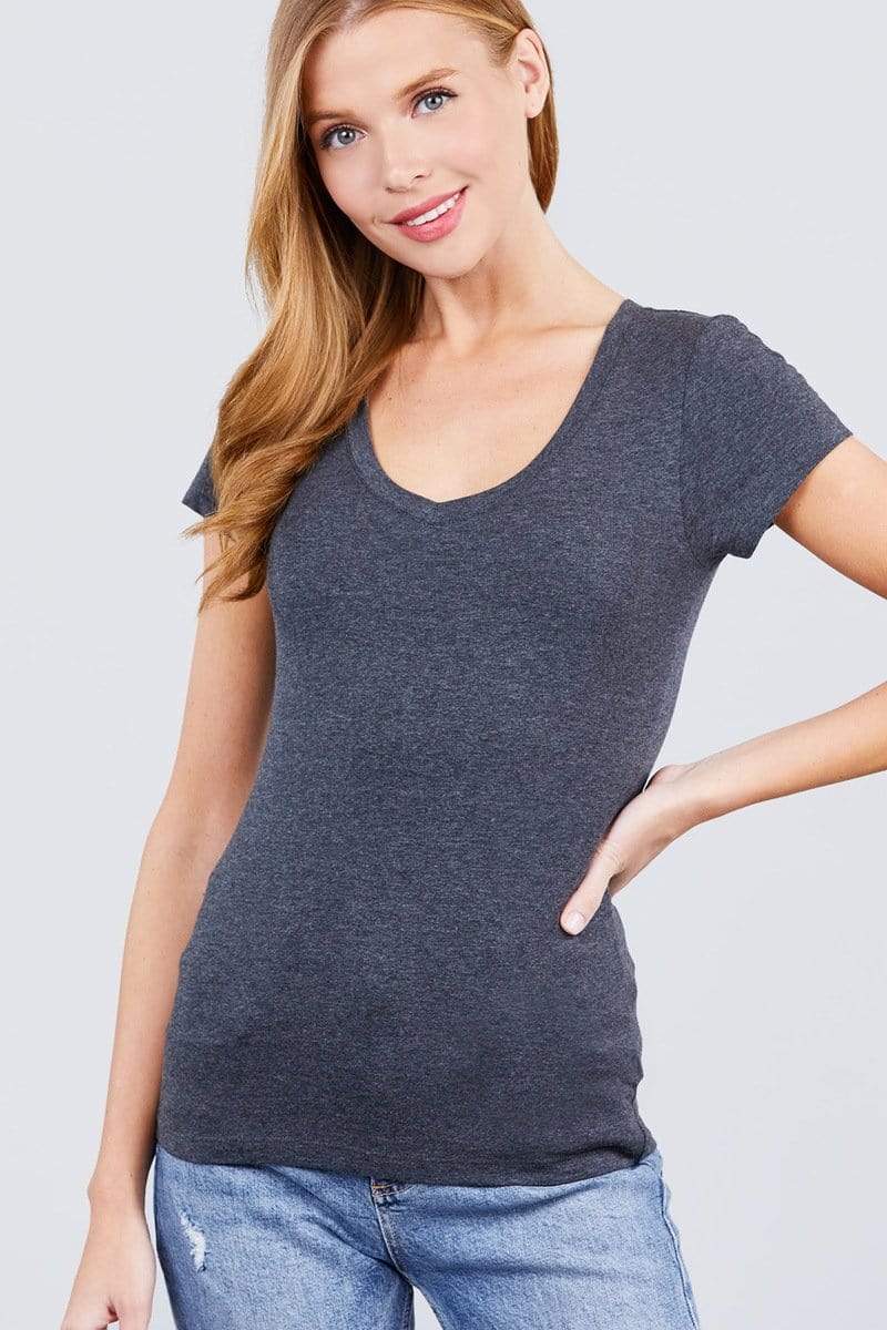 Singles Short Sleeve V-Neck Tee-TOPS / DRESSES-[Adult]-[Female]-Charcoal Grey-S-Blue Zone Planet