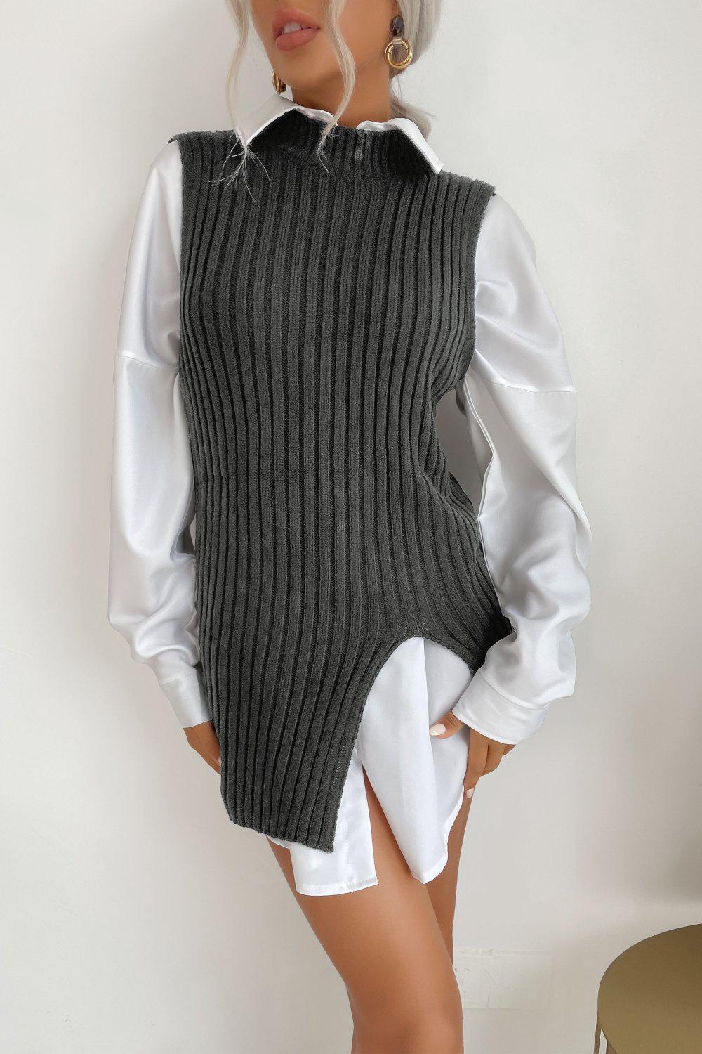 Slit Hem Sweater Vest Dress-TOPS / DRESSES-[Adult]-[Female]-Blue Zone Planet
