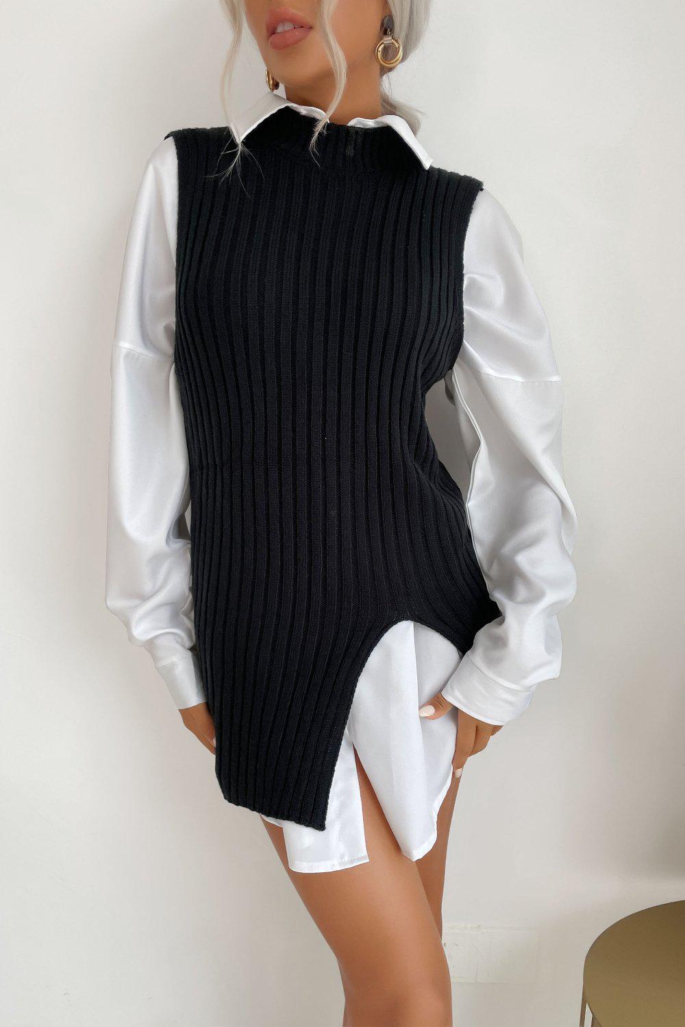 Slit Hem Sweater Vest Dress-TOPS / DRESSES-[Adult]-[Female]-Black-S-Blue Zone Planet
