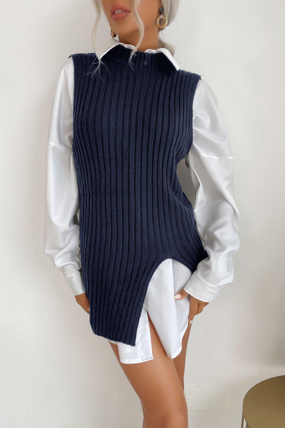 Slit Hem Sweater Vest Dress-TOPS / DRESSES-[Adult]-[Female]-Navy-S-Blue Zone Planet