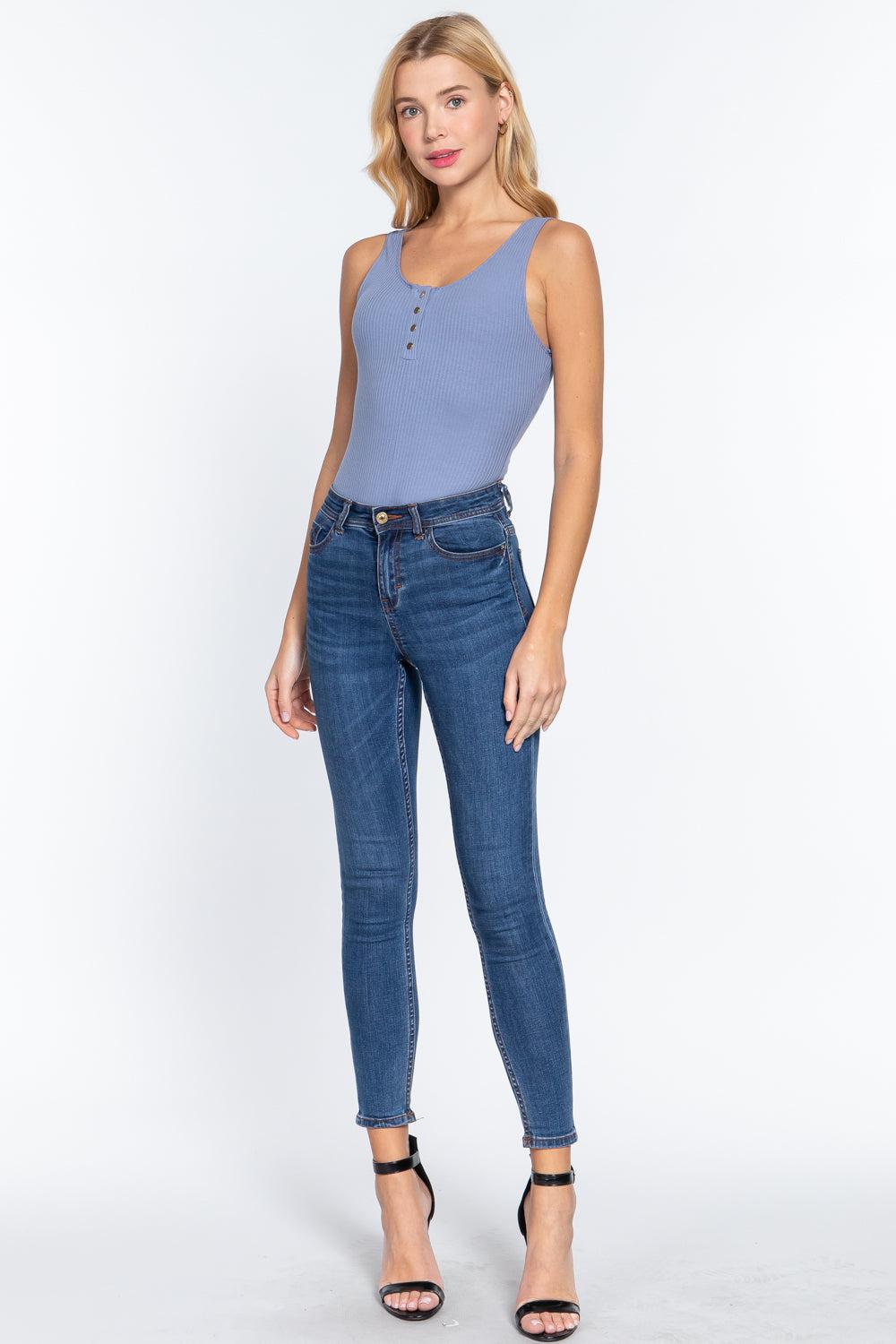 Slvless Henley Rib Knit Bodysuit-TOPS / DRESSES-[Adult]-[Female]-Blue Zone Planet