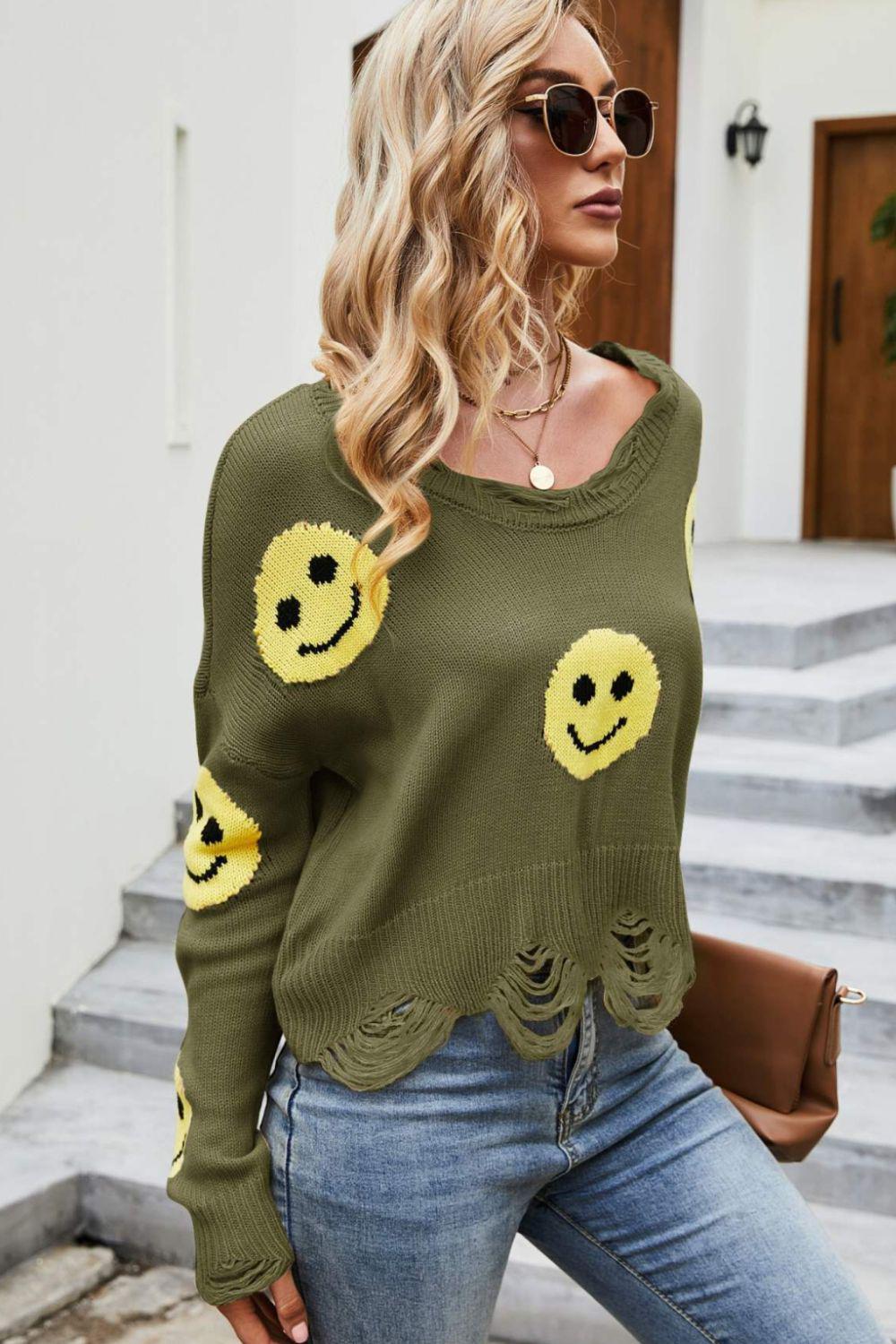 Smiley Face Distressed Round Neck Sweater-TOPS / DRESSES-[Adult]-[Female]-2022 Online Blue Zone Planet
