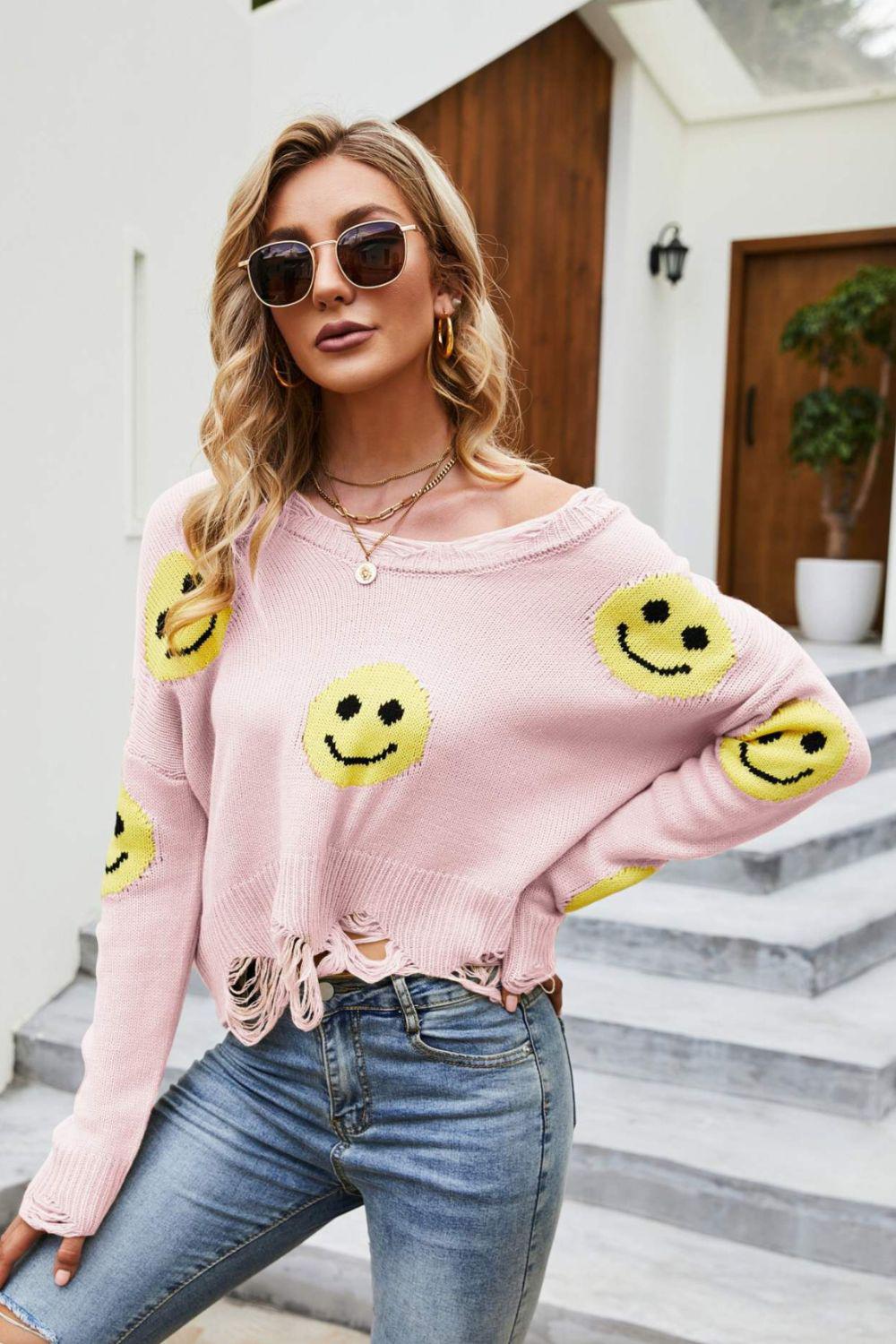 Smiley Face Distressed Round Neck Sweater-TOPS / DRESSES-[Adult]-[Female]-2022 Online Blue Zone Planet