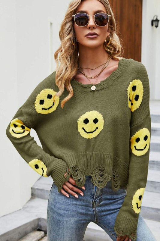 Smiley Face Distressed Round Neck Sweater BLUE ZONE PLANET