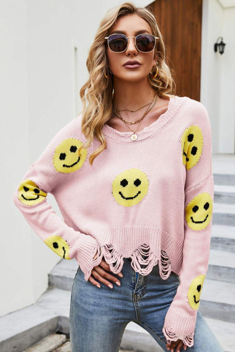 Smiley Face Distressed Round Neck Sweater-TOPS / DRESSES-[Adult]-[Female]-Pink-S-2022 Online Blue Zone Planet