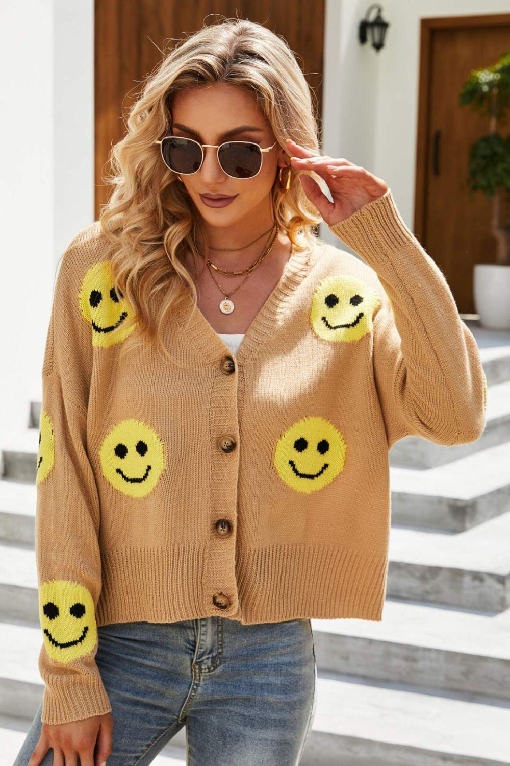 Smiley Face Ribbed Trim V-Neck Cardigan BLUE ZONE PLANET