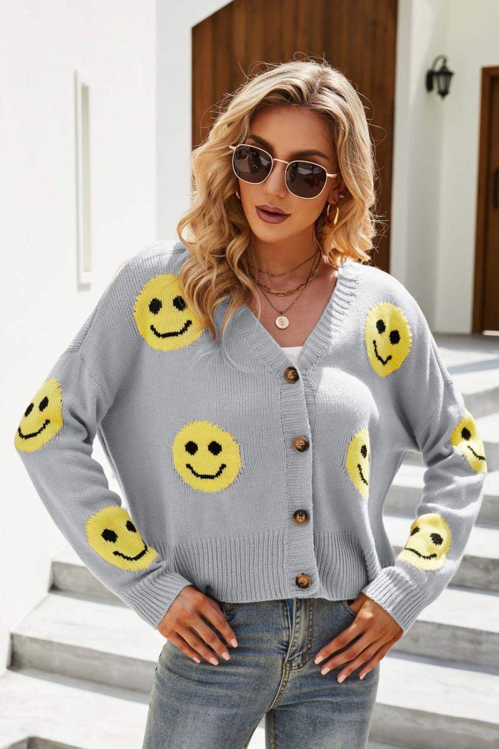 Smiley Face Ribbed Trim V-Neck Cardigan BLUE ZONE PLANET