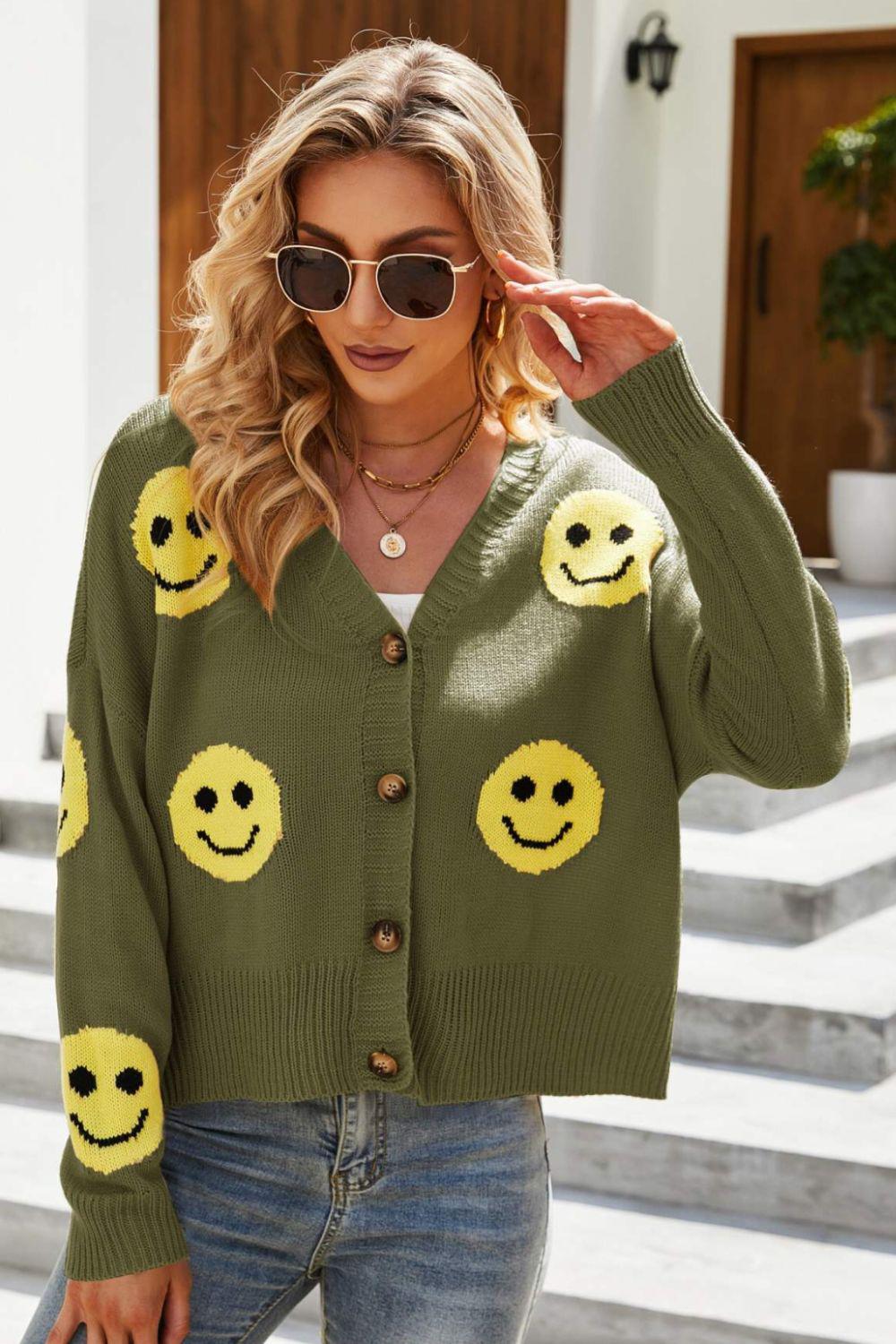 Smiley Face Ribbed Trim V-Neck Cardigan-TOPS / DRESSES-[Adult]-[Female]-Green-S-2022 Online Blue Zone Planet