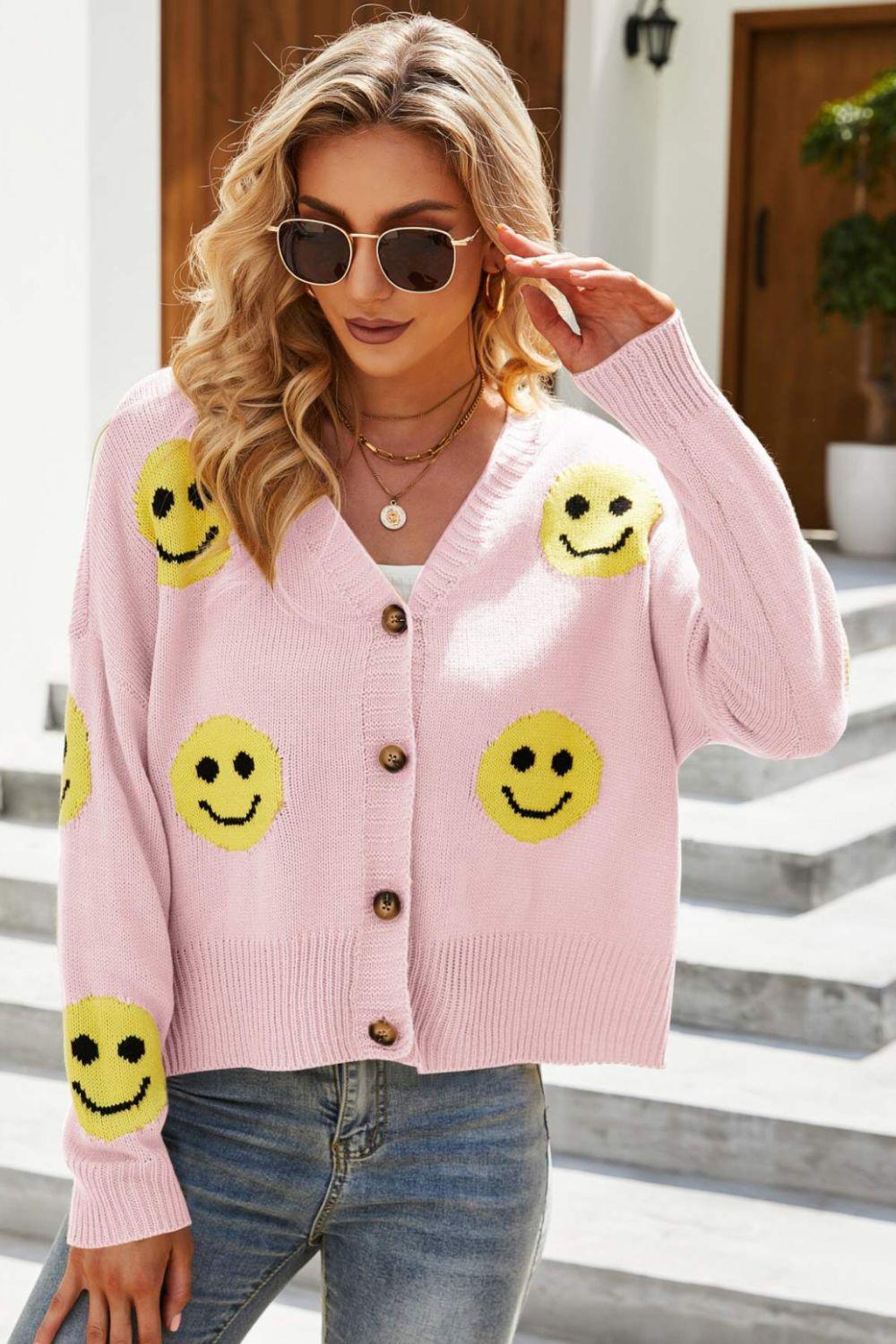 Smiley Face Ribbed Trim V-Neck Cardigan BLUE ZONE PLANET