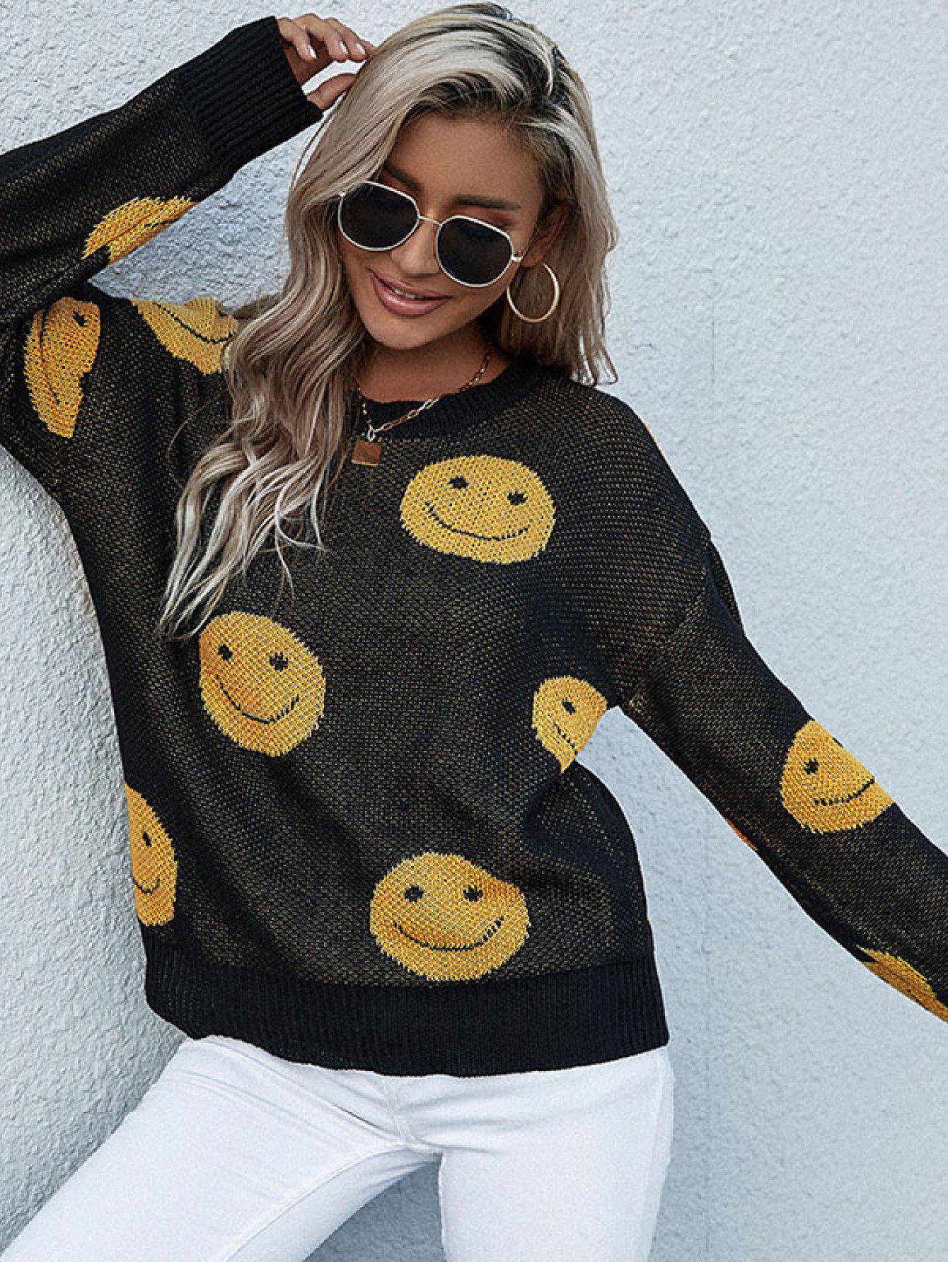 Smiley Face Sweater-TOPS / DRESSES-[Adult]-[Female]-Black-S-Blue Zone Planet
