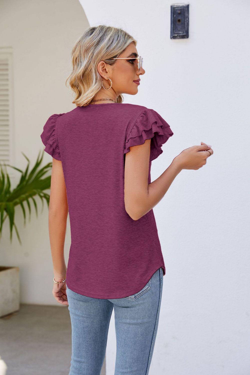 Smocked Flutter Sleeve V-Neck Top BLUE ZONE PLANET