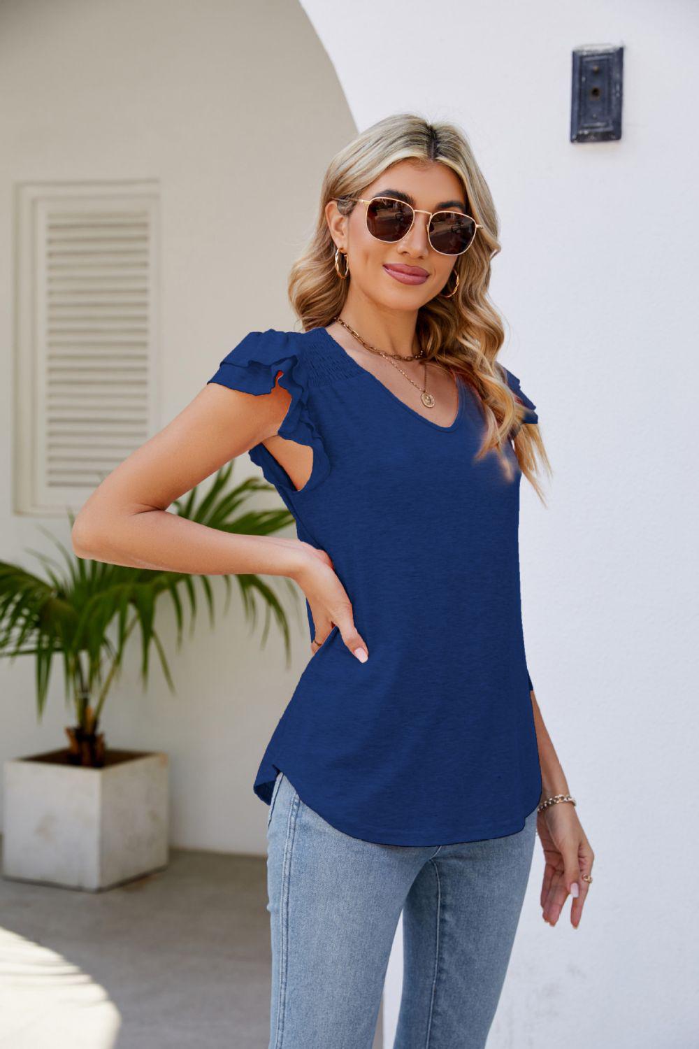 Smocked Flutter Sleeve V-Neck Top BLUE ZONE PLANET