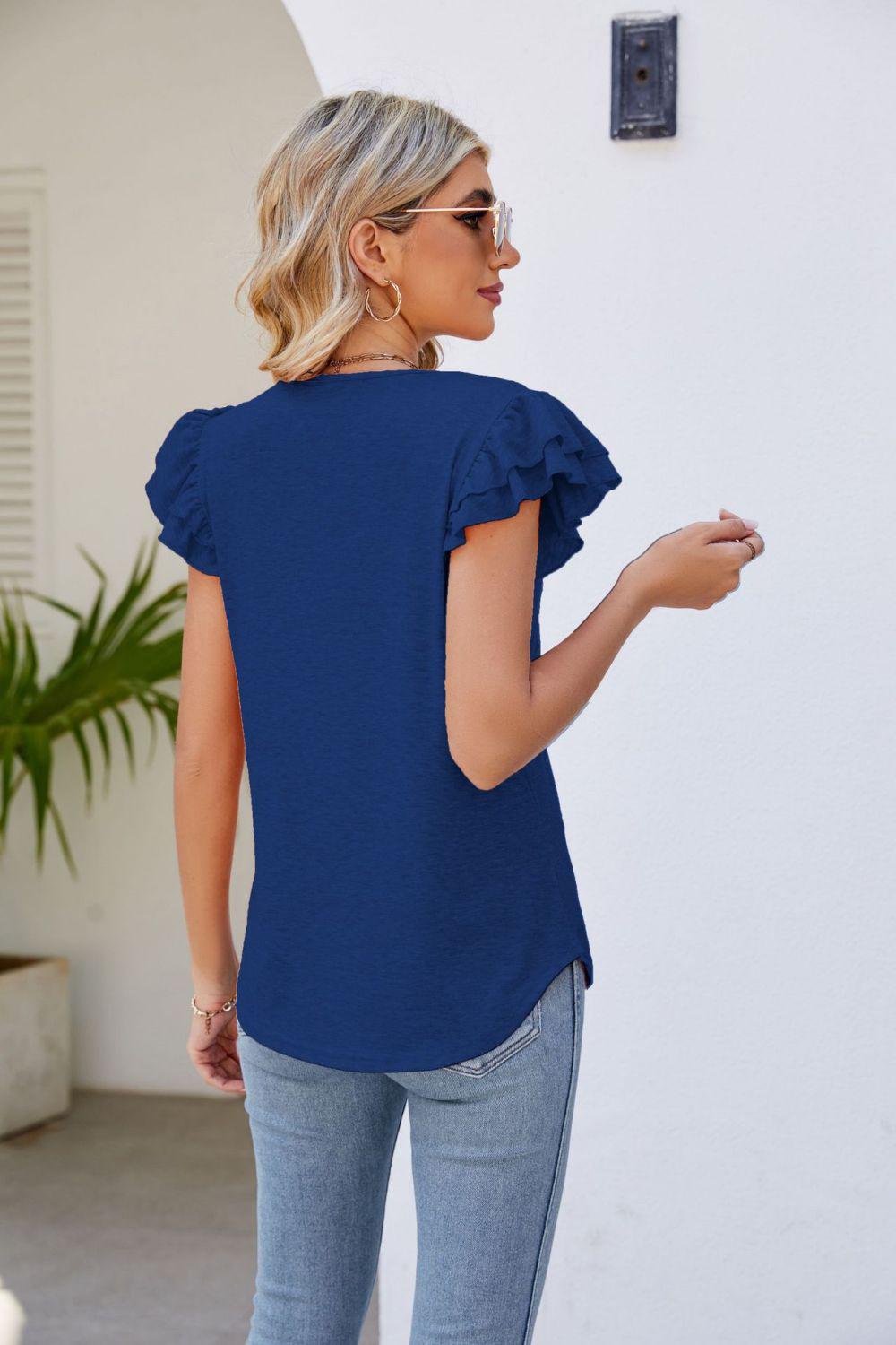 Smocked Flutter Sleeve V-Neck Top BLUE ZONE PLANET