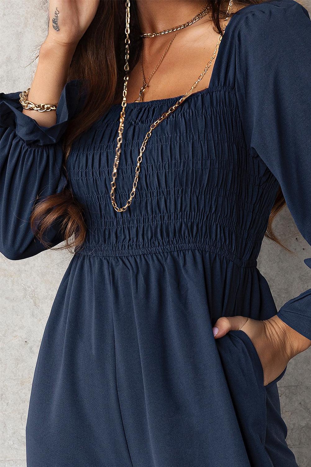 Smocked Long Flounce Sleeve Square Neck Jumpsuit BLUE ZONE PLANET