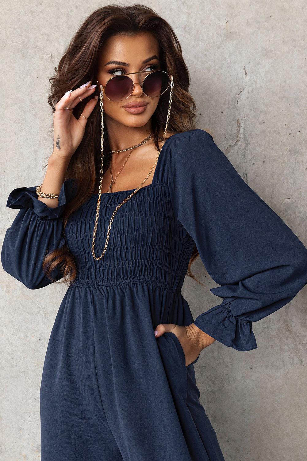 Smocked Long Flounce Sleeve Square Neck Jumpsuit BLUE ZONE PLANET