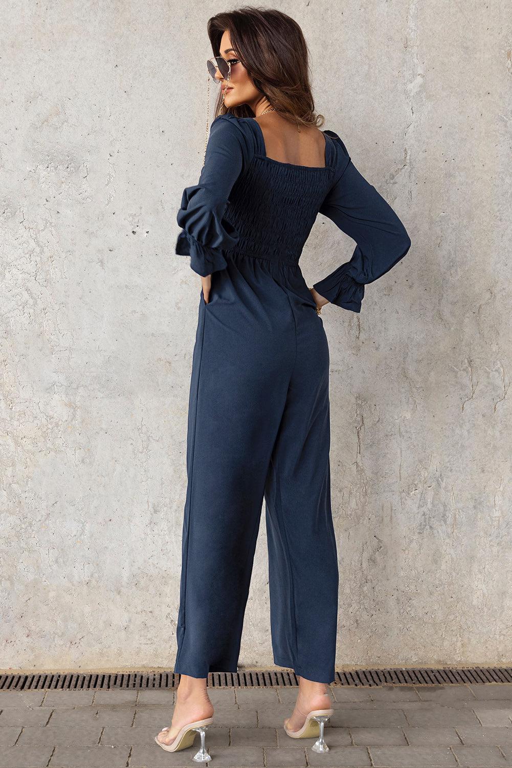 Smocked Long Flounce Sleeve Square Neck Jumpsuit BLUE ZONE PLANET