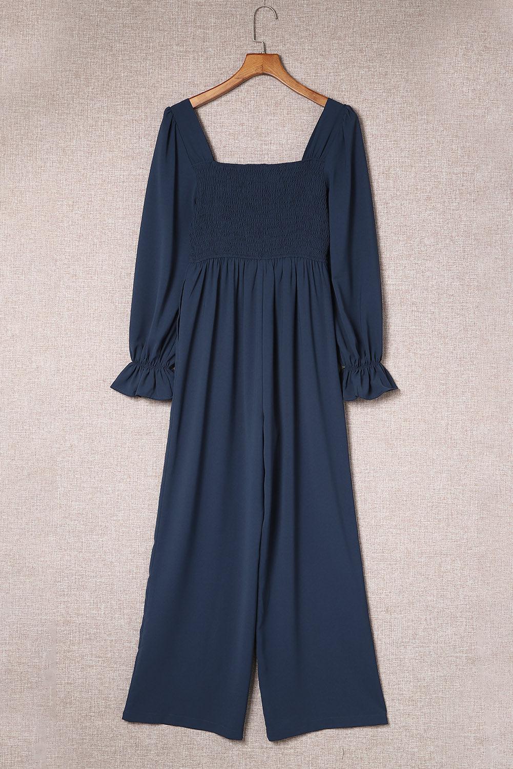 Smocked Long Flounce Sleeve Square Neck Jumpsuit BLUE ZONE PLANET