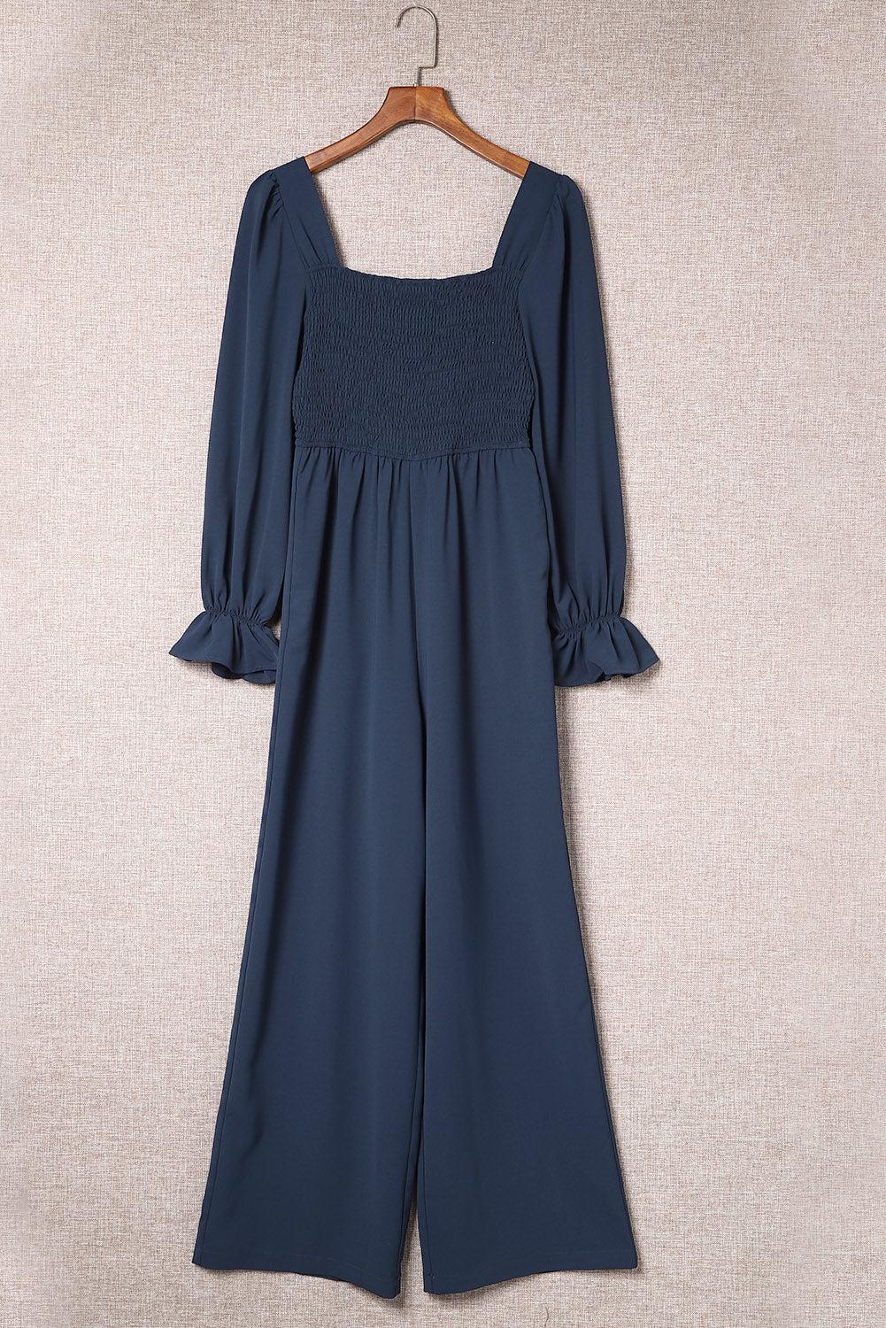 Smocked Long Flounce Sleeve Square Neck Jumpsuit BLUE ZONE PLANET