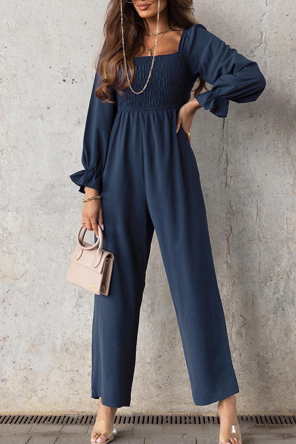 Smocked Long Flounce Sleeve Square Neck Jumpsuit BLUE ZONE PLANET