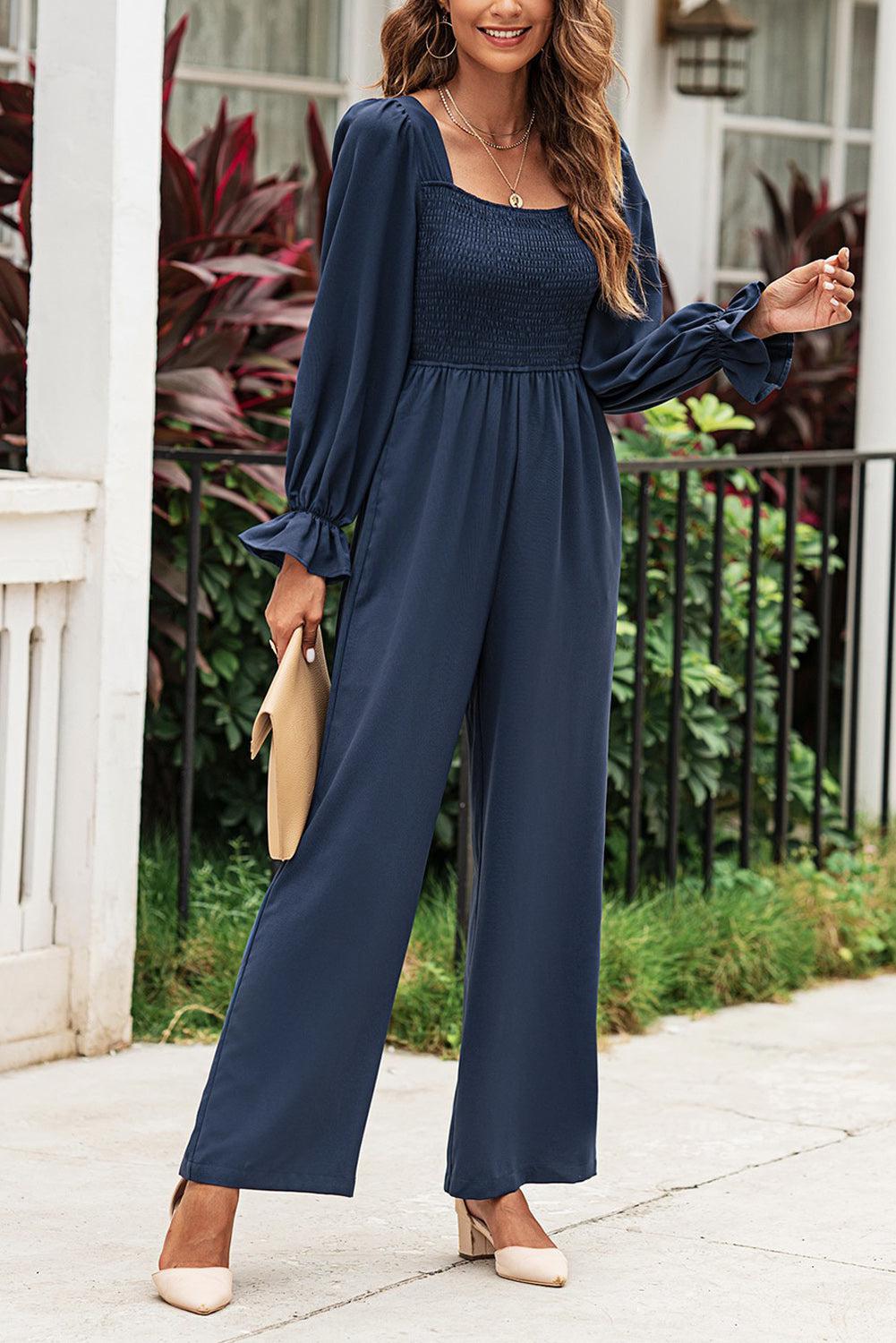 Smocked Long Flounce Sleeve Square Neck Jumpsuit BLUE ZONE PLANET