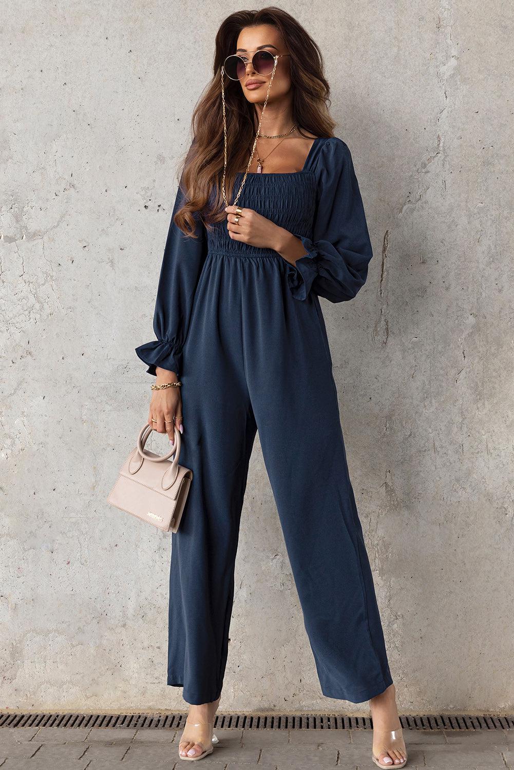 Smocked Long Flounce Sleeve Square Neck Jumpsuit BLUE ZONE PLANET