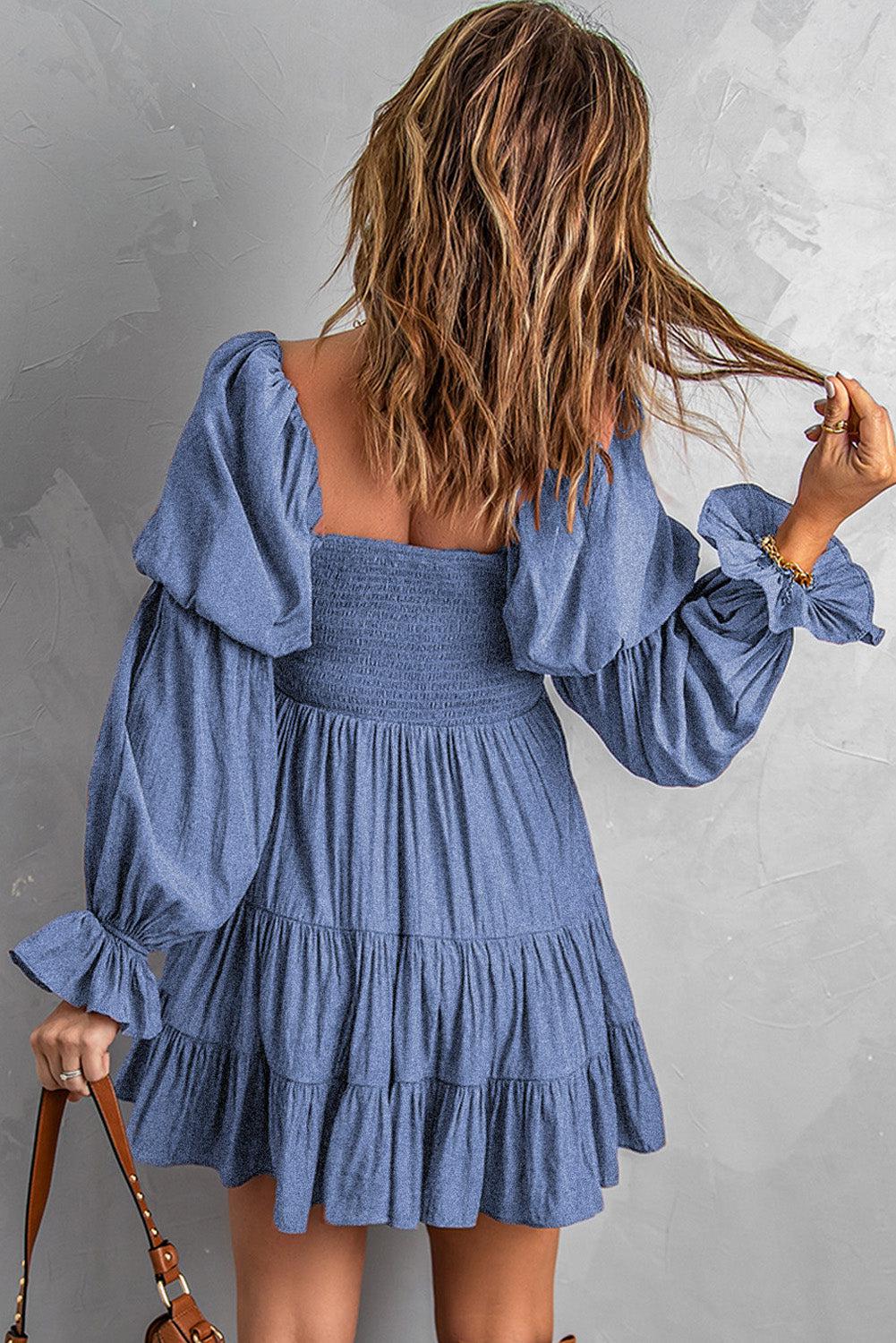 Smocked Off-Shoulder Tiered Mini Dress BLUE ZONE PLANET