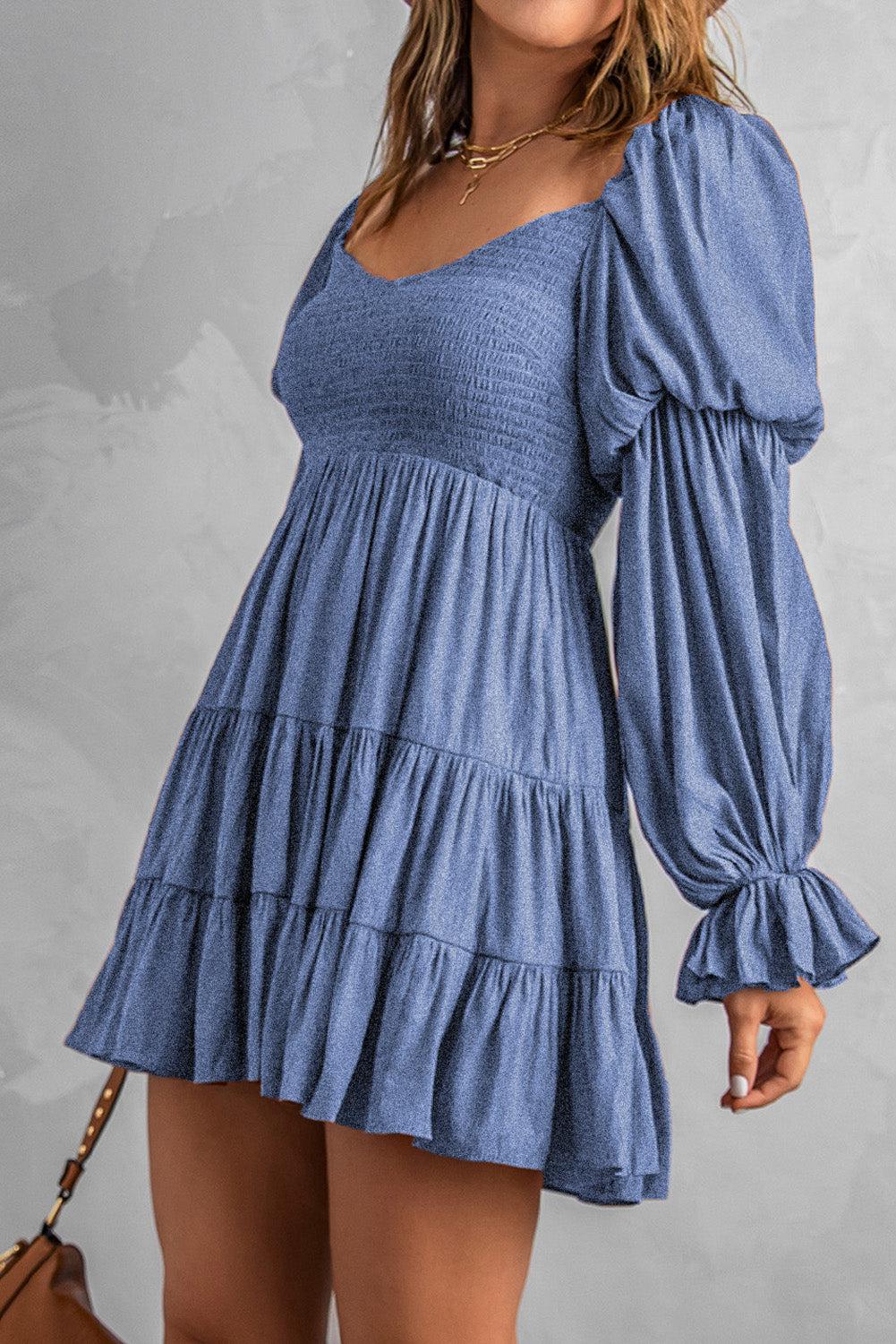 Smocked Off-Shoulder Tiered Mini Dress BLUE ZONE PLANET