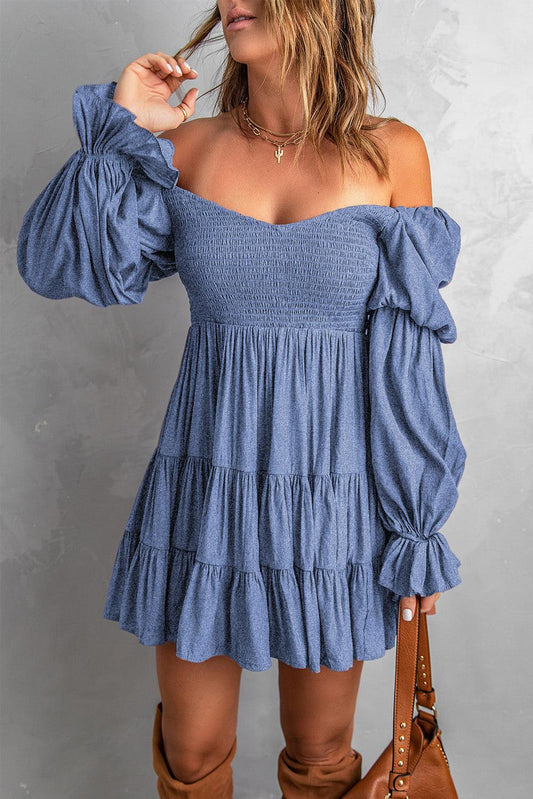Smocked Off-Shoulder Tiered Mini Dress BLUE ZONE PLANET