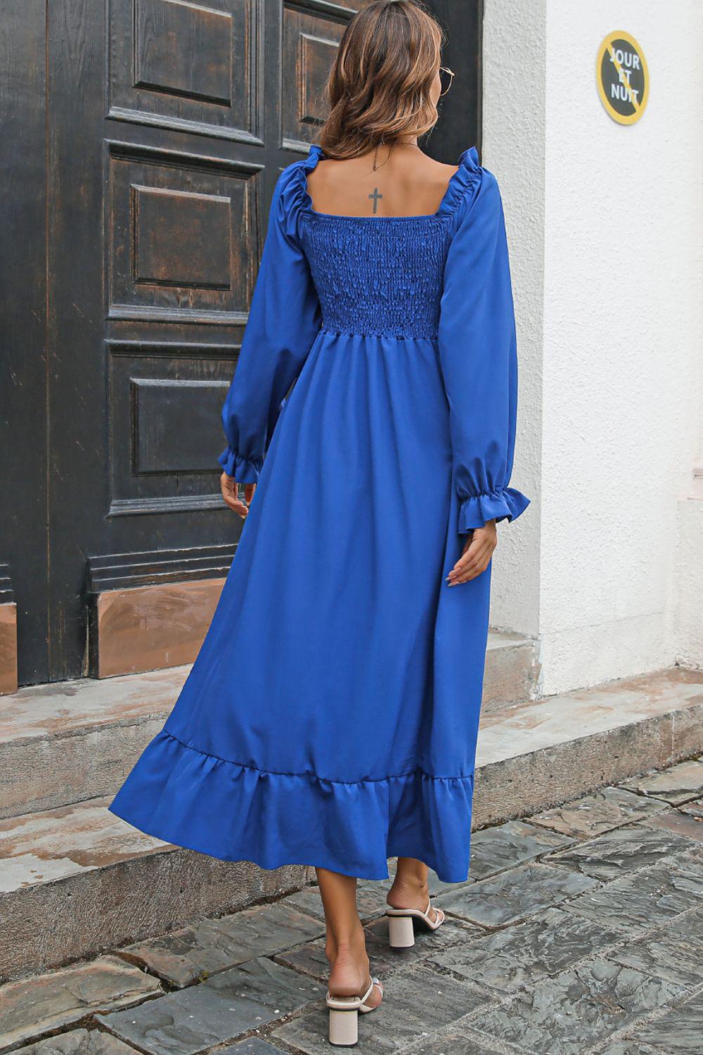 Smocked Ruffle Hem Flounce Sleeve Dress BLUE ZONE PLANET