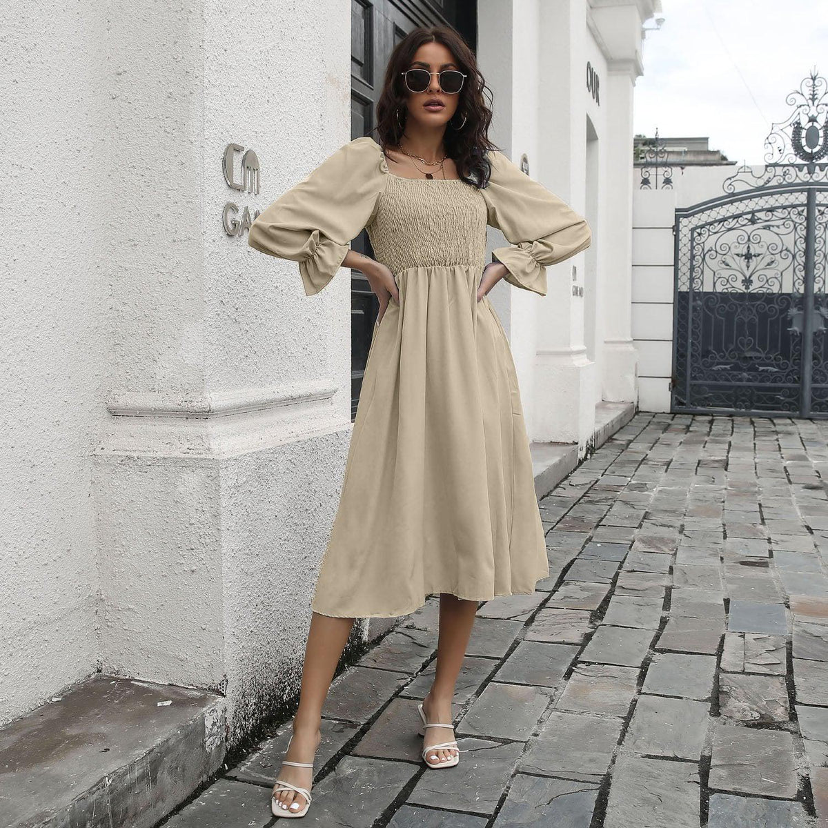 smocked square neck midi dress Whitney Smocked Square Neck Midi Dress