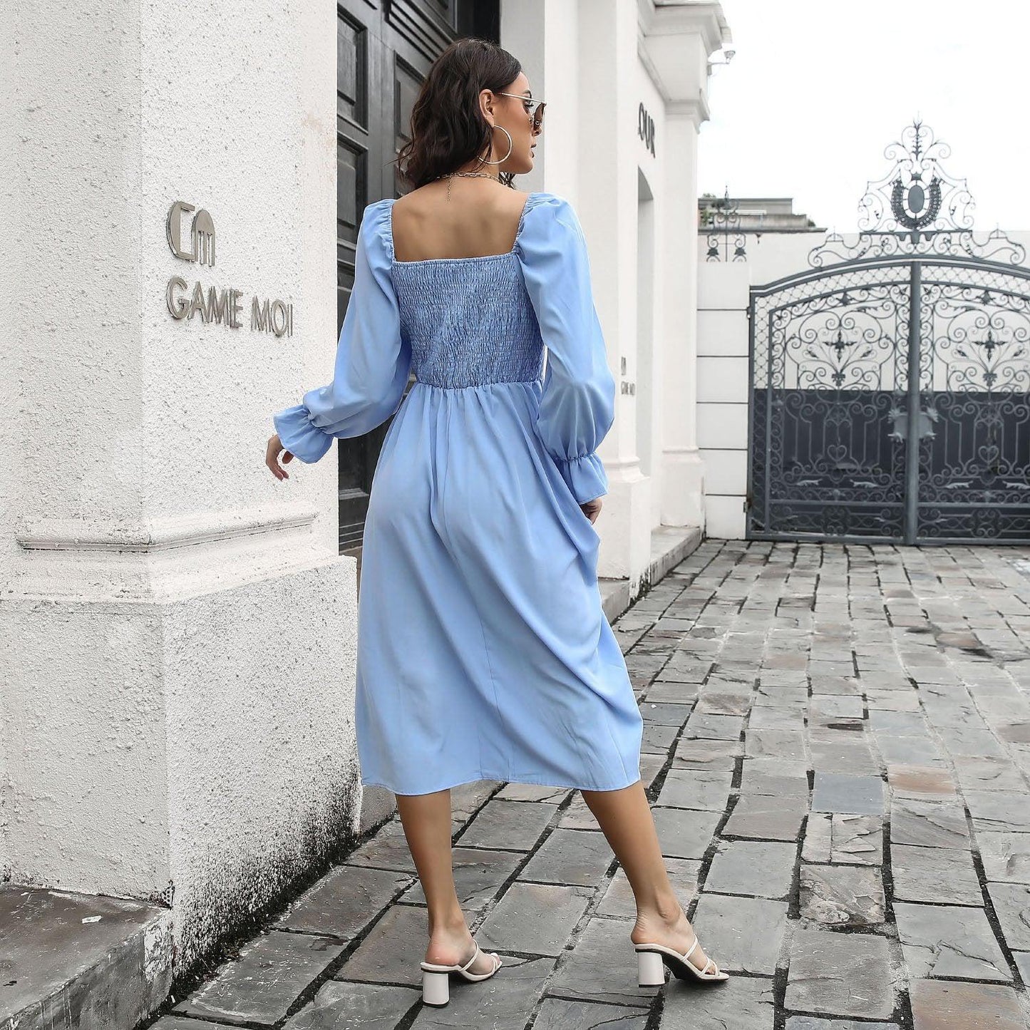 Smocked Square Neck Midi Dress BLUE ZONE PLANET