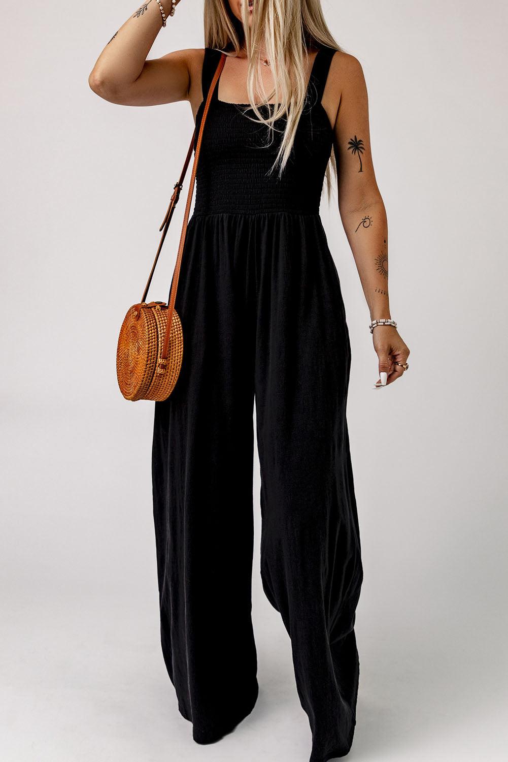 Smocked Square Neck Wide Leg Jumpsuit with Pockets BLUE ZONE PLANET