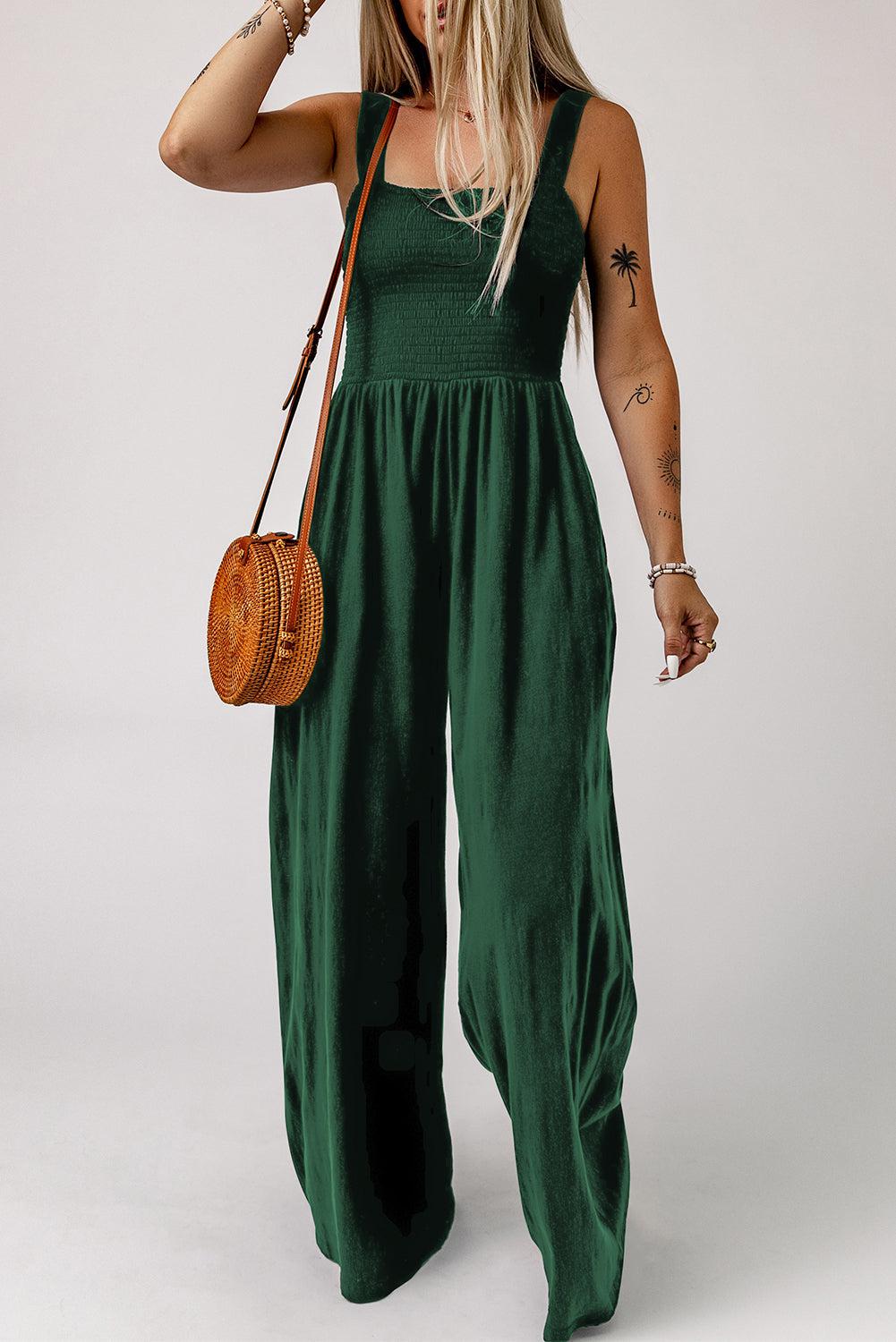 Smocked Square Neck Wide Leg Jumpsuit with Pockets BLUE ZONE PLANET