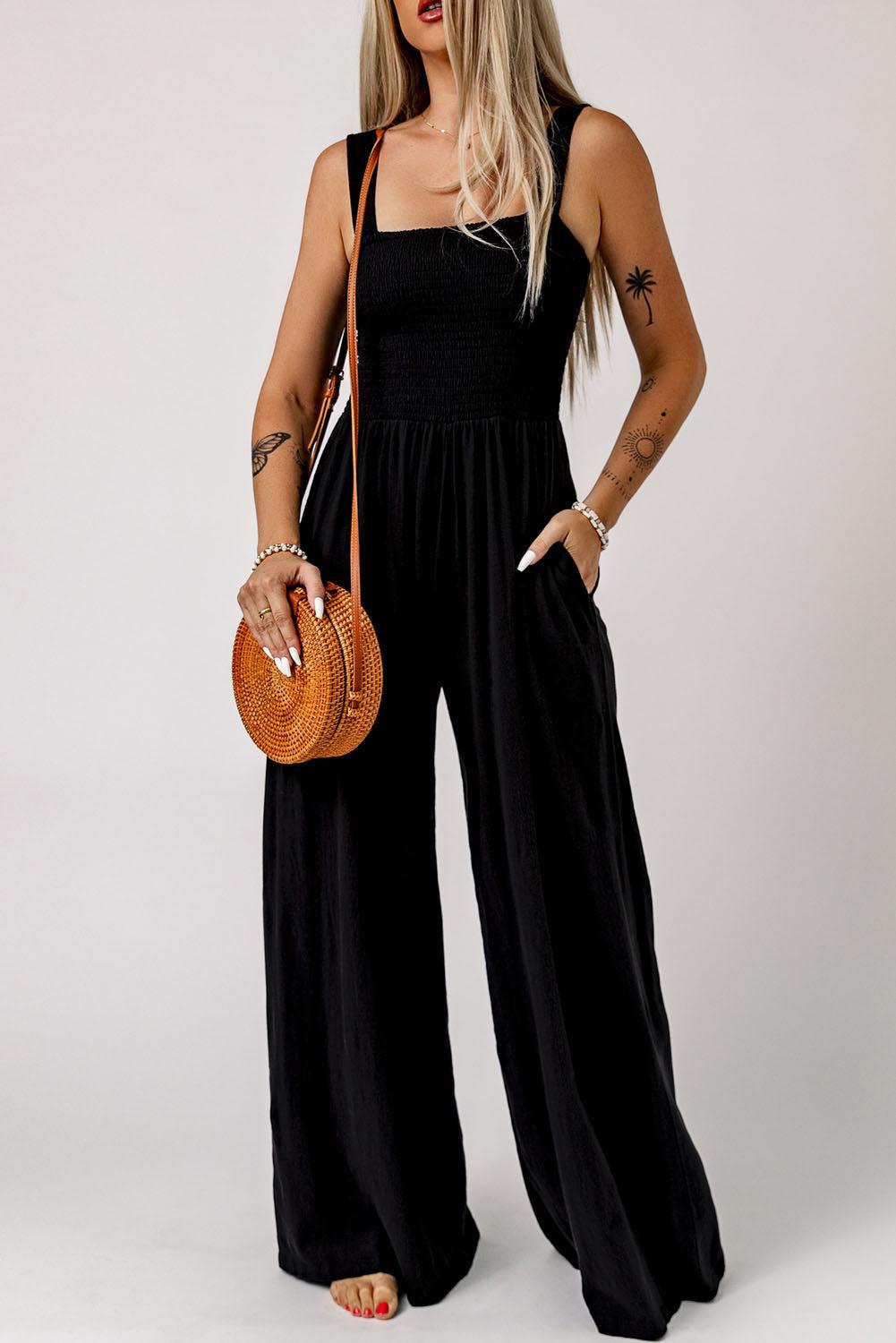 Smocked Square Neck Wide Leg Jumpsuit with Pockets BLUE ZONE PLANET